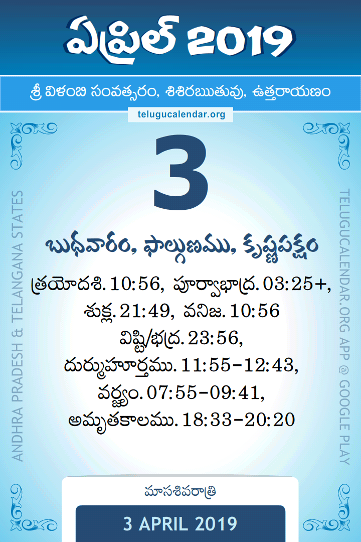 3 April 2019 Telugu Calendar