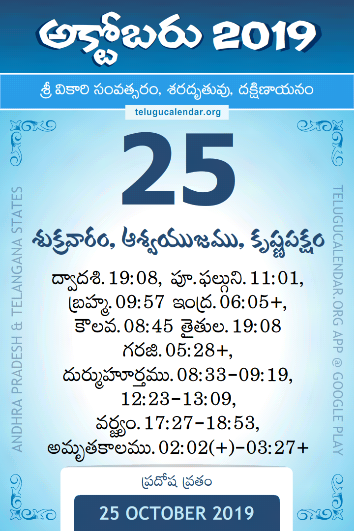 25 October 2019 Telugu Calendar