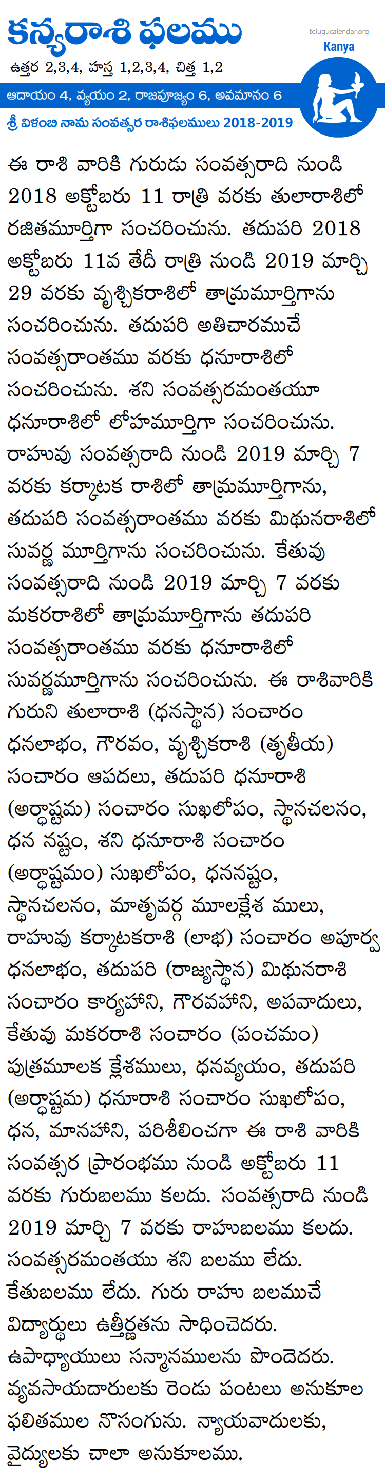 Kanya Rasi Phalalu 2019-2020 Telugu