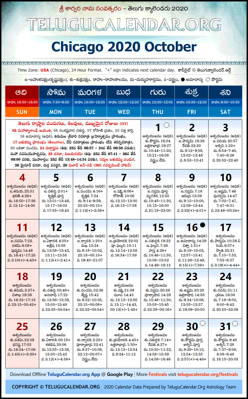 Telugu Calendar 2020 October, Chicago