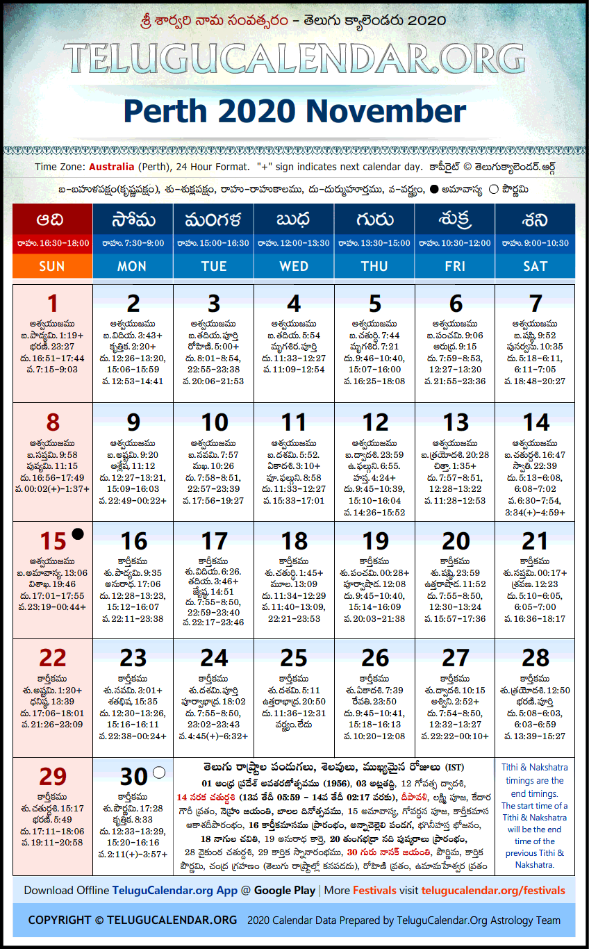 Telugu Calendar 2020 November, Perth