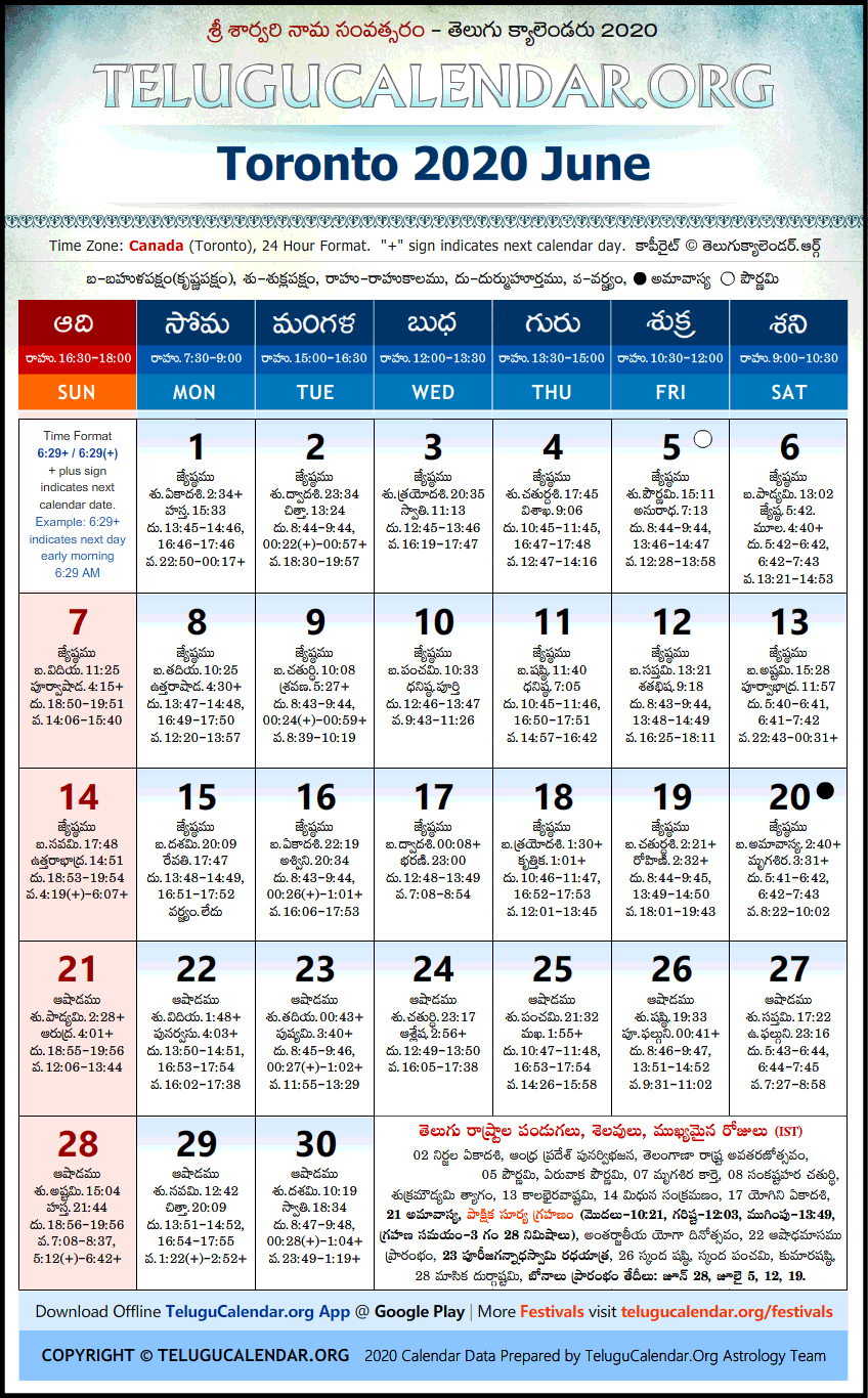 Telugu Calendar 2020 June, Toronto