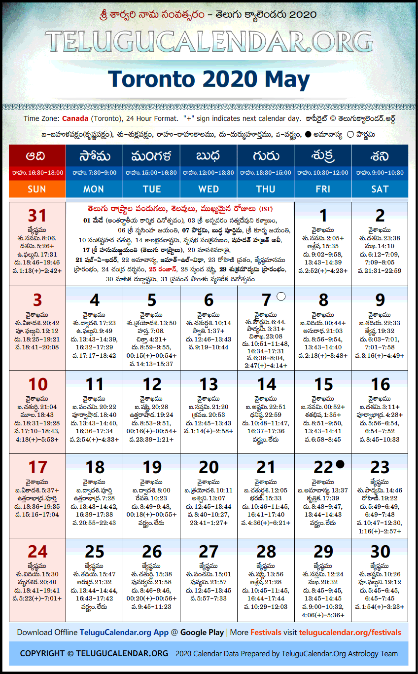 Telugu Calendar 2020 May, Toronto