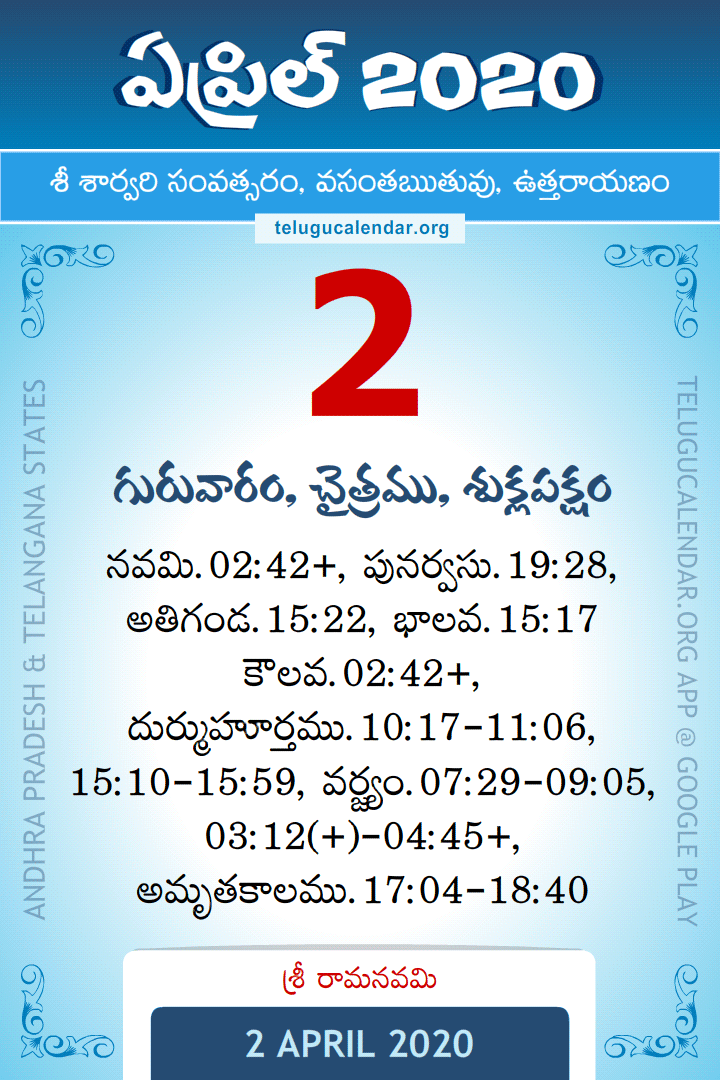 2 April 2020 Telugu Calendar