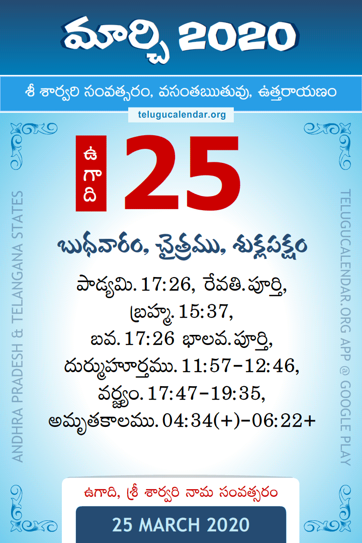 25 March 2020 Telugu Calendar