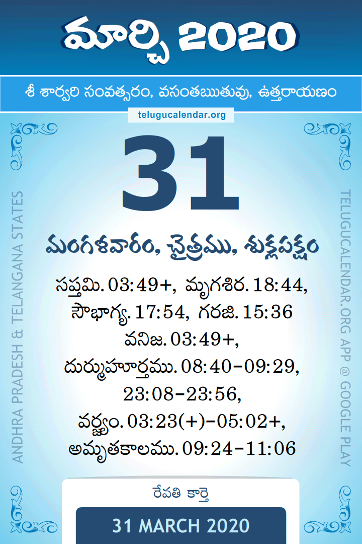 31 March 2020 Telugu Calendar
