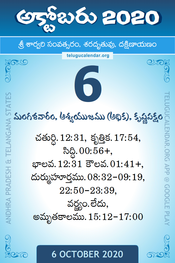 6 October 2020 Telugu Calendar