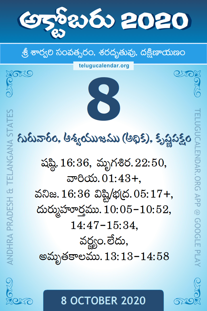 8 October 2020 Telugu Calendar