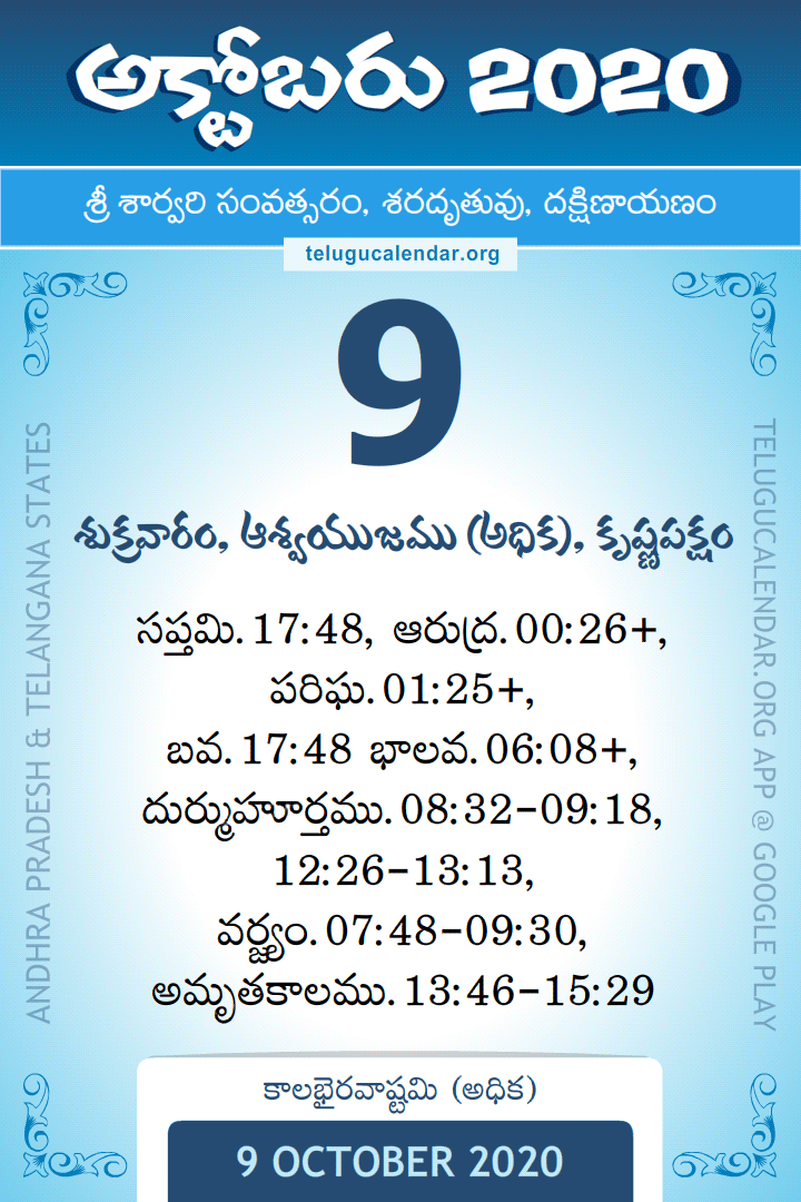 9 October 2020 Telugu Calendar