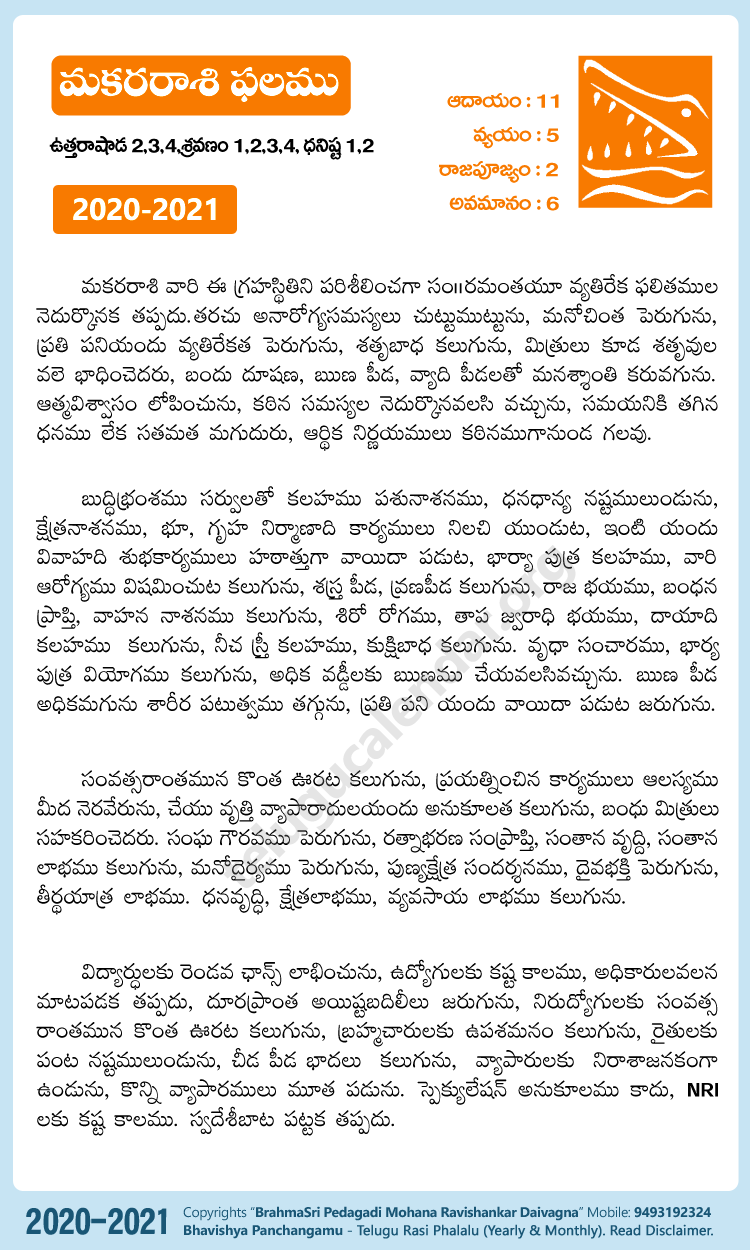 Makara Capricorn Rasi Phalalu 2020 2021 Yearly Predictions In Telugu