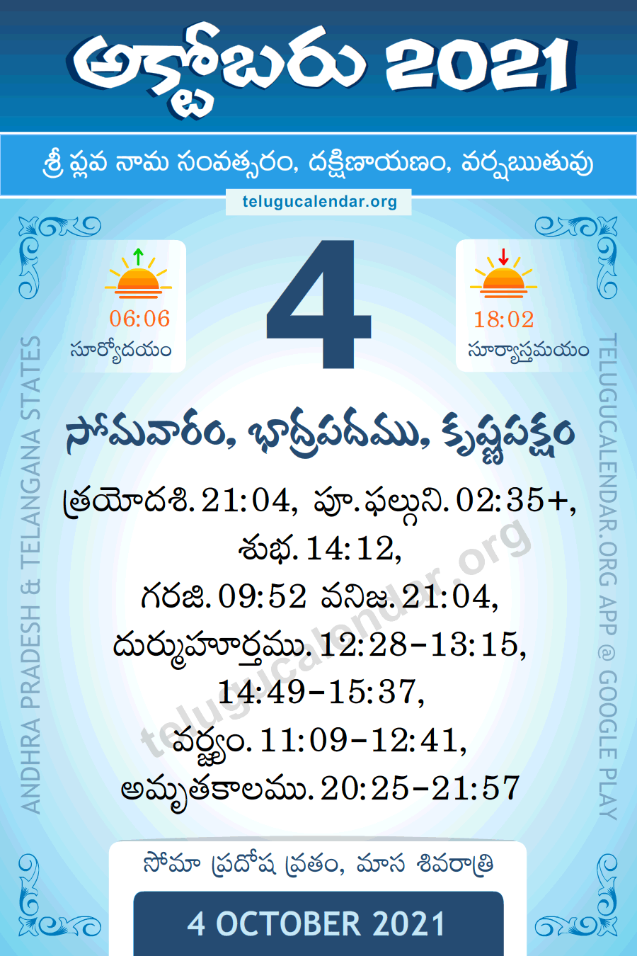 4 October 2021 Panchangam Calendar Daily in Telugu అక్టోబర్ 4, 2021