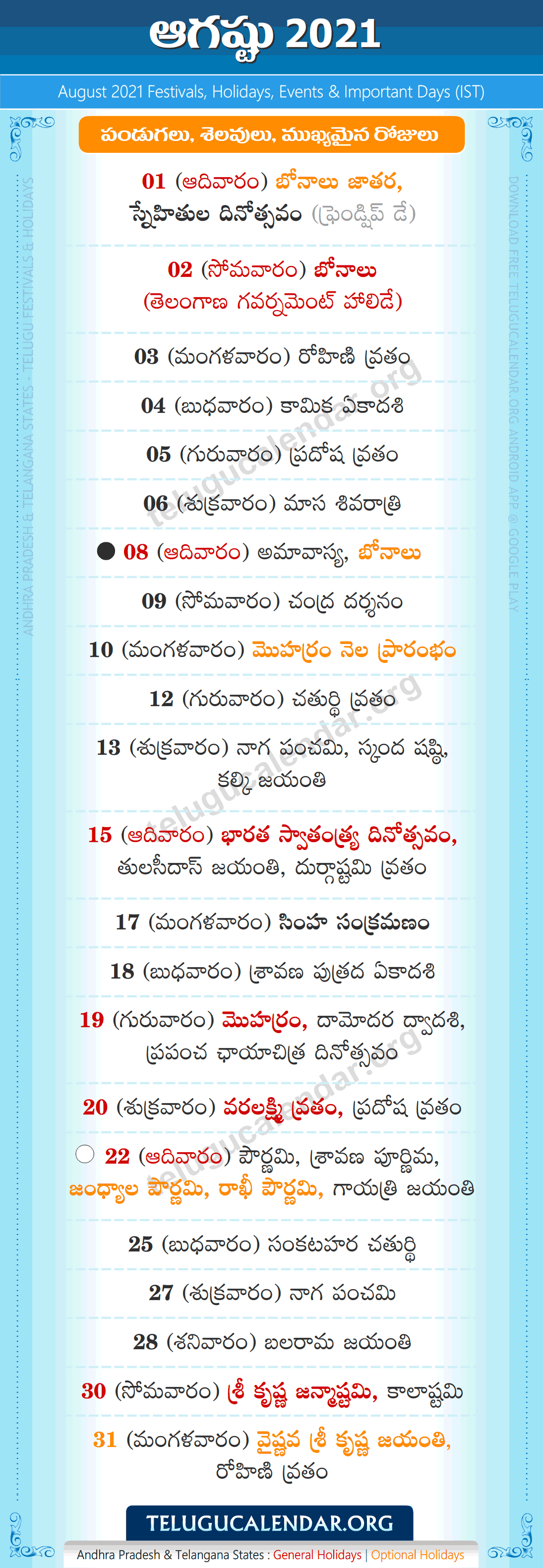 Telugu Festivals 2021 August