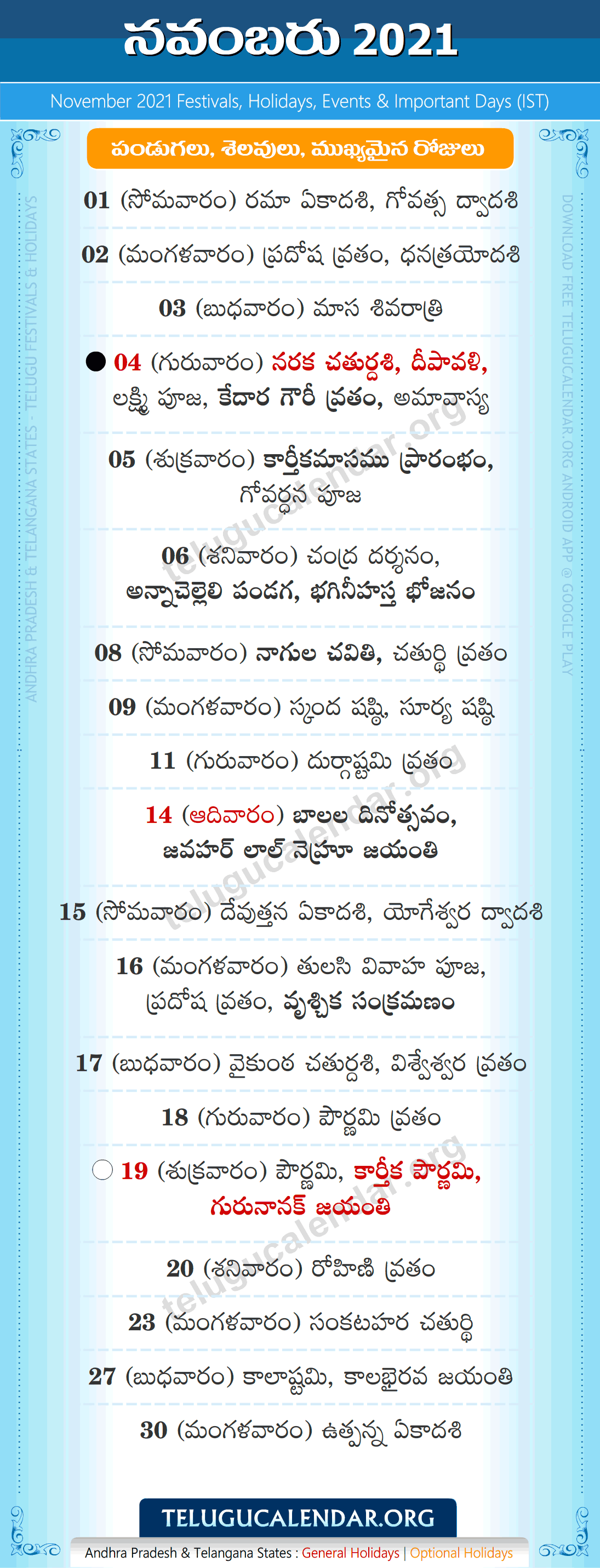November Telugu Calendar 2022 Telugu Festivals 2021 November