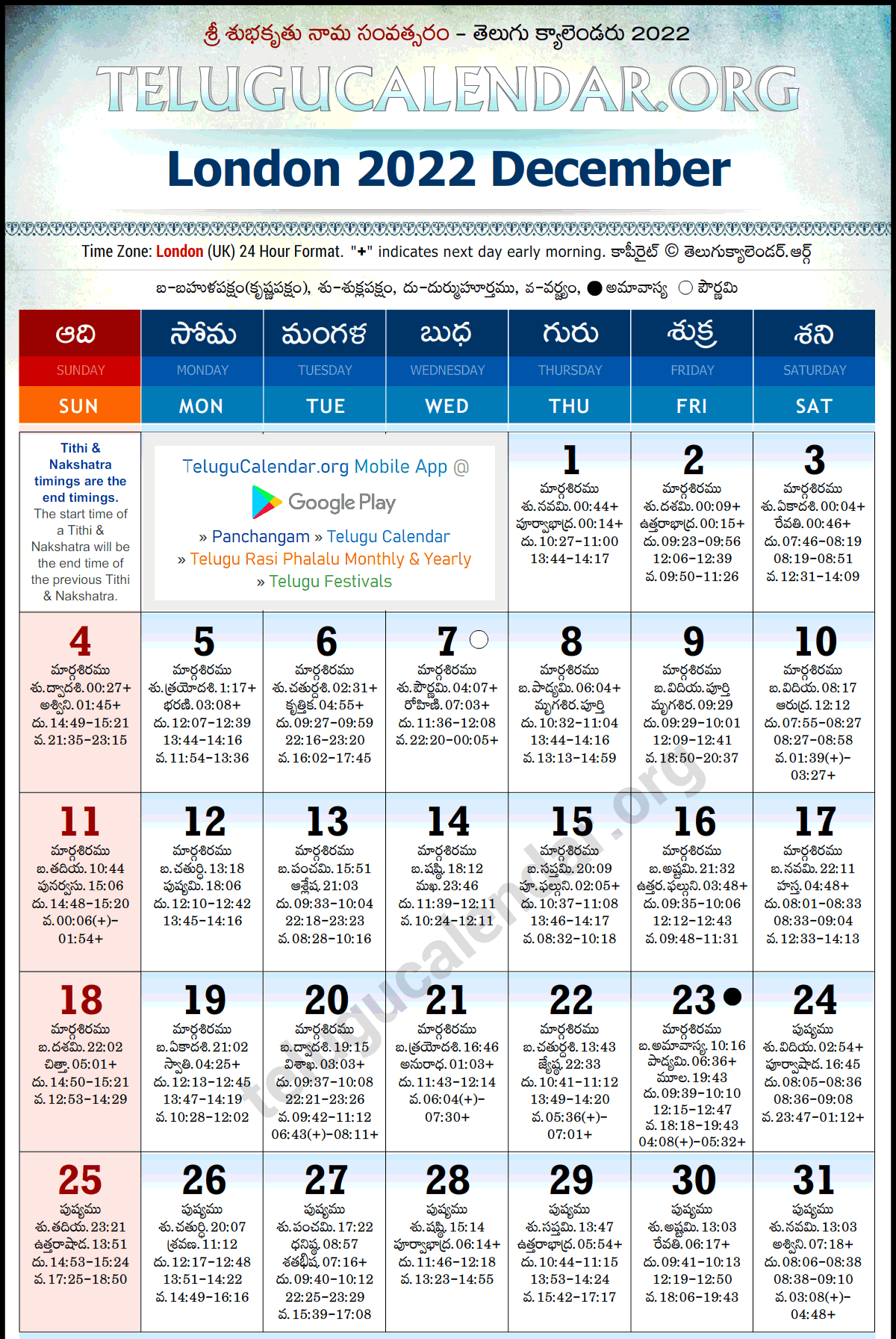 London 2022 December Telugu Calendar Festivals Amavasya Pournima Tithi