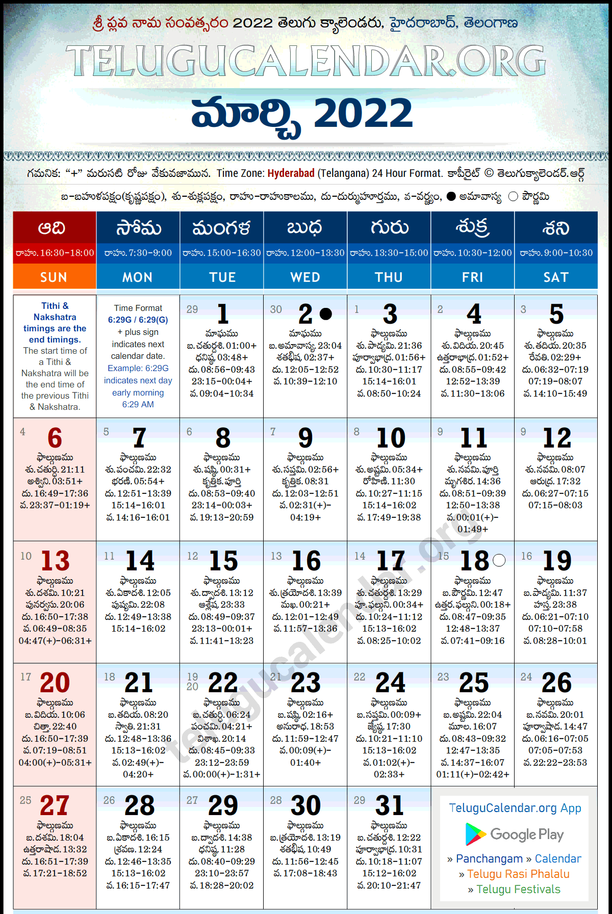 Telangana 2022 March Telugu Calendar Festivals Amavasya Pournima Tithi