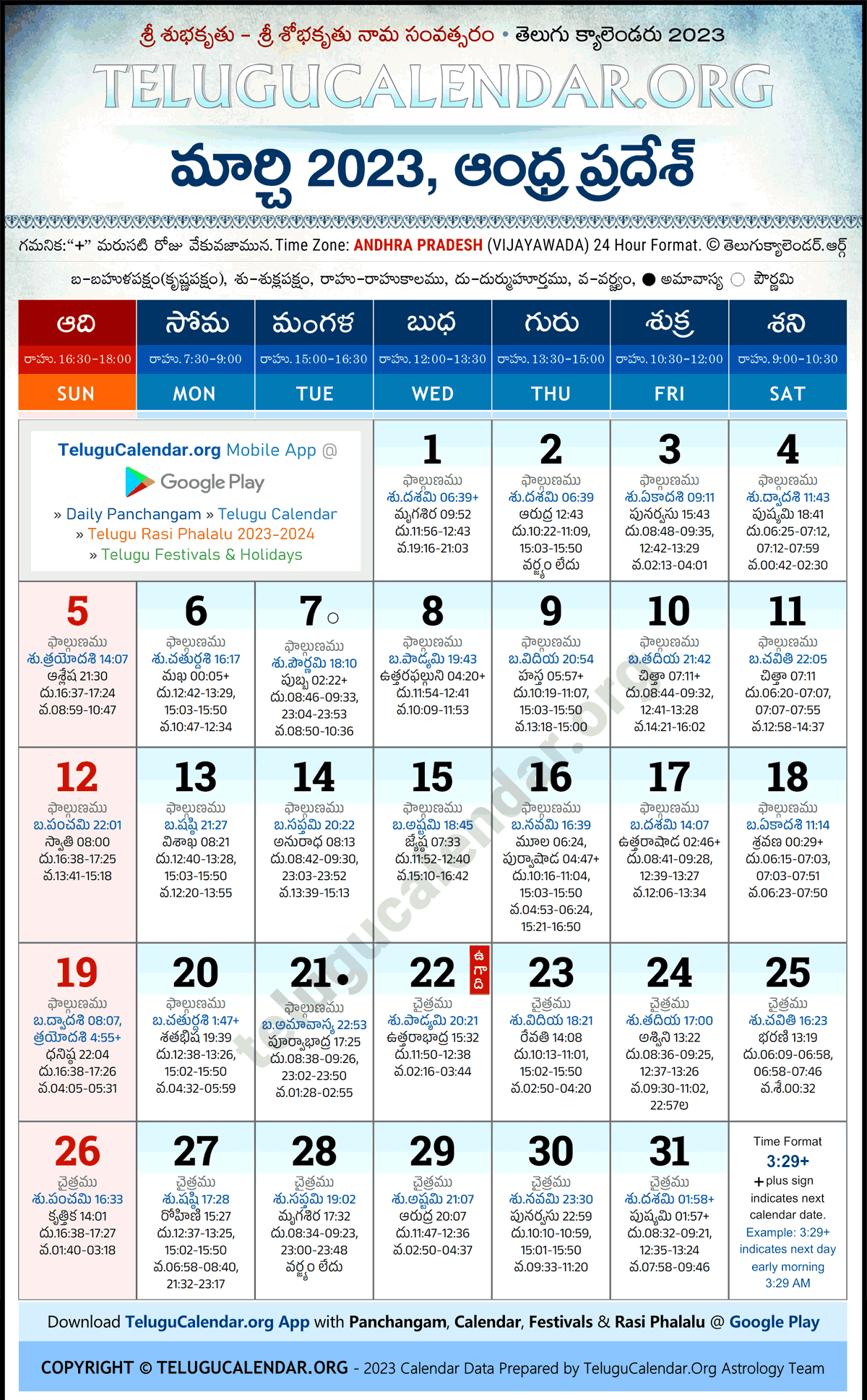 Telugu Calendar 2023 March Andhra Pradesh in Telugu