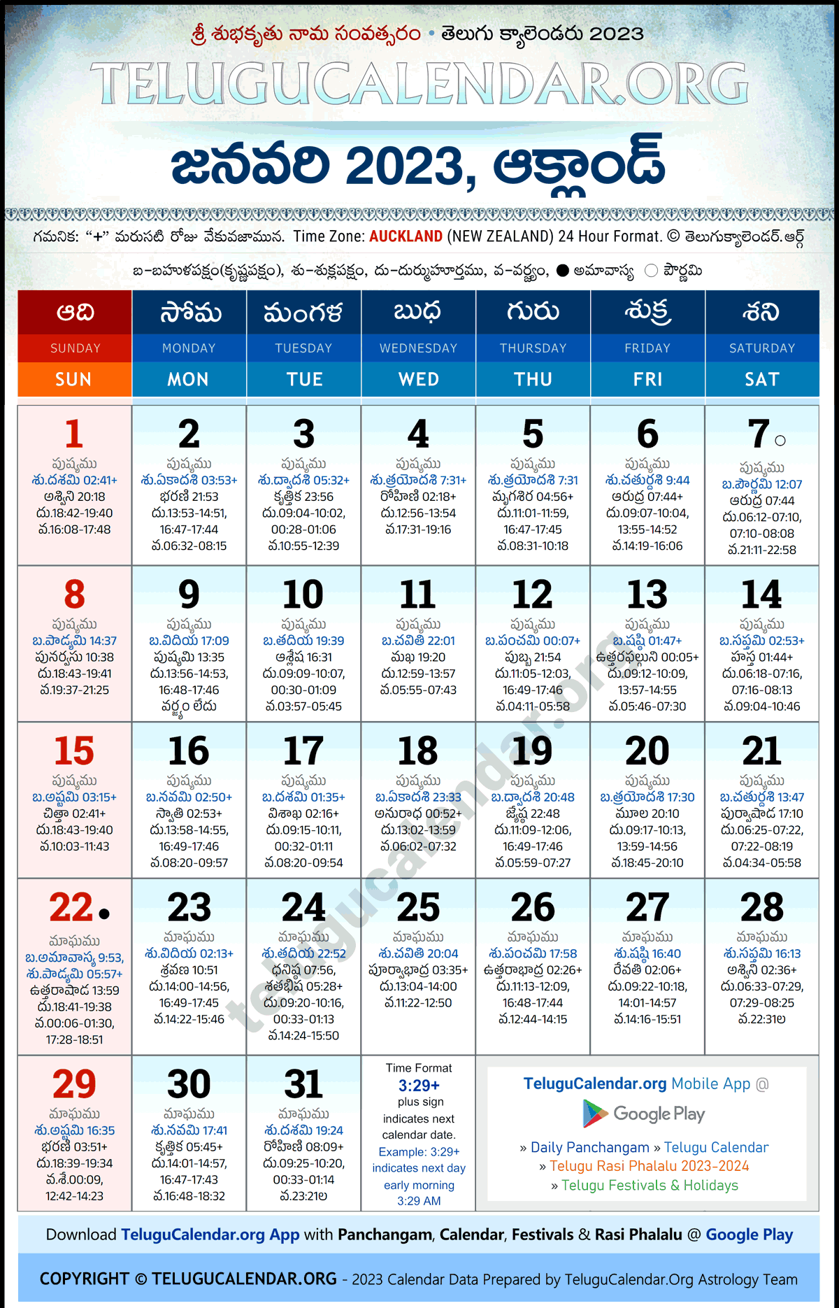 Telugu Calendar 2023 January Auckland in Telugu