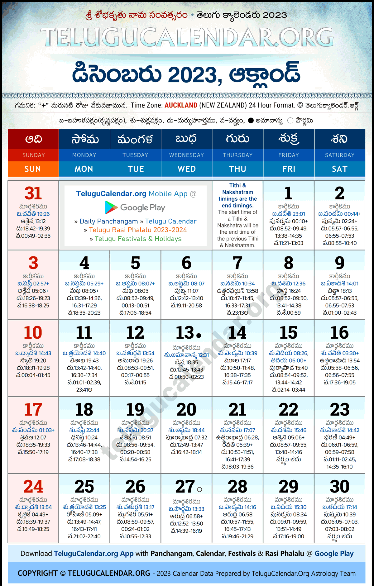 Telugu Calendar 2023 December Auckland in Telugu