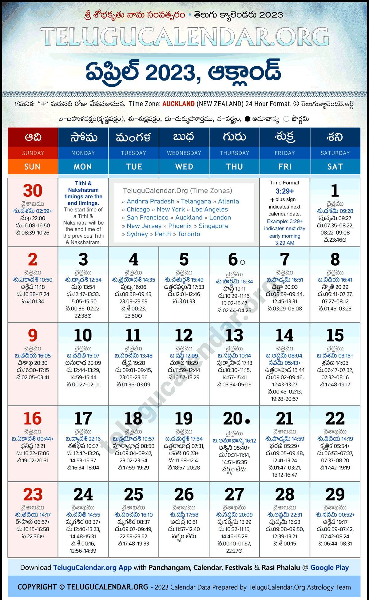 Telugu Calendar 2023 April Auckland in Telugu