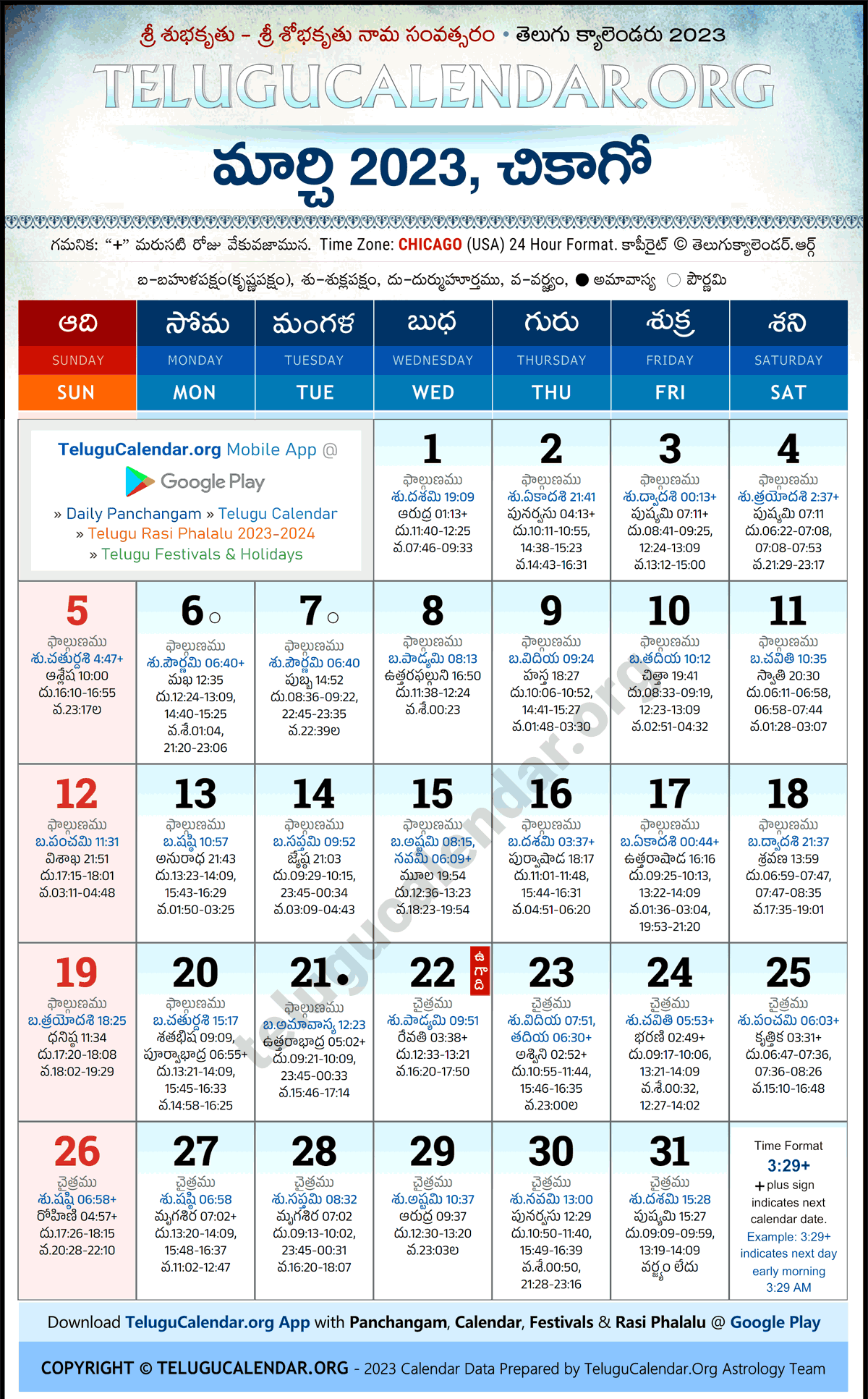 Telugu Calendar 2023 March Chicago in Telugu