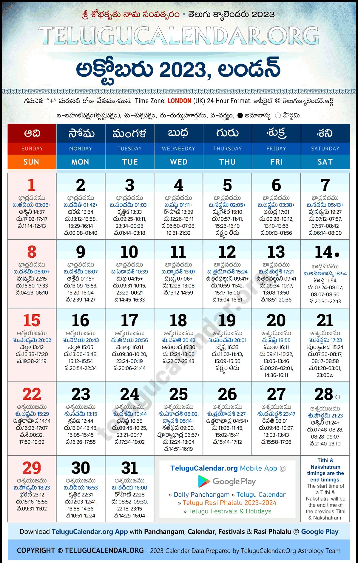 Telugu Calendar 2023 October London in Telugu