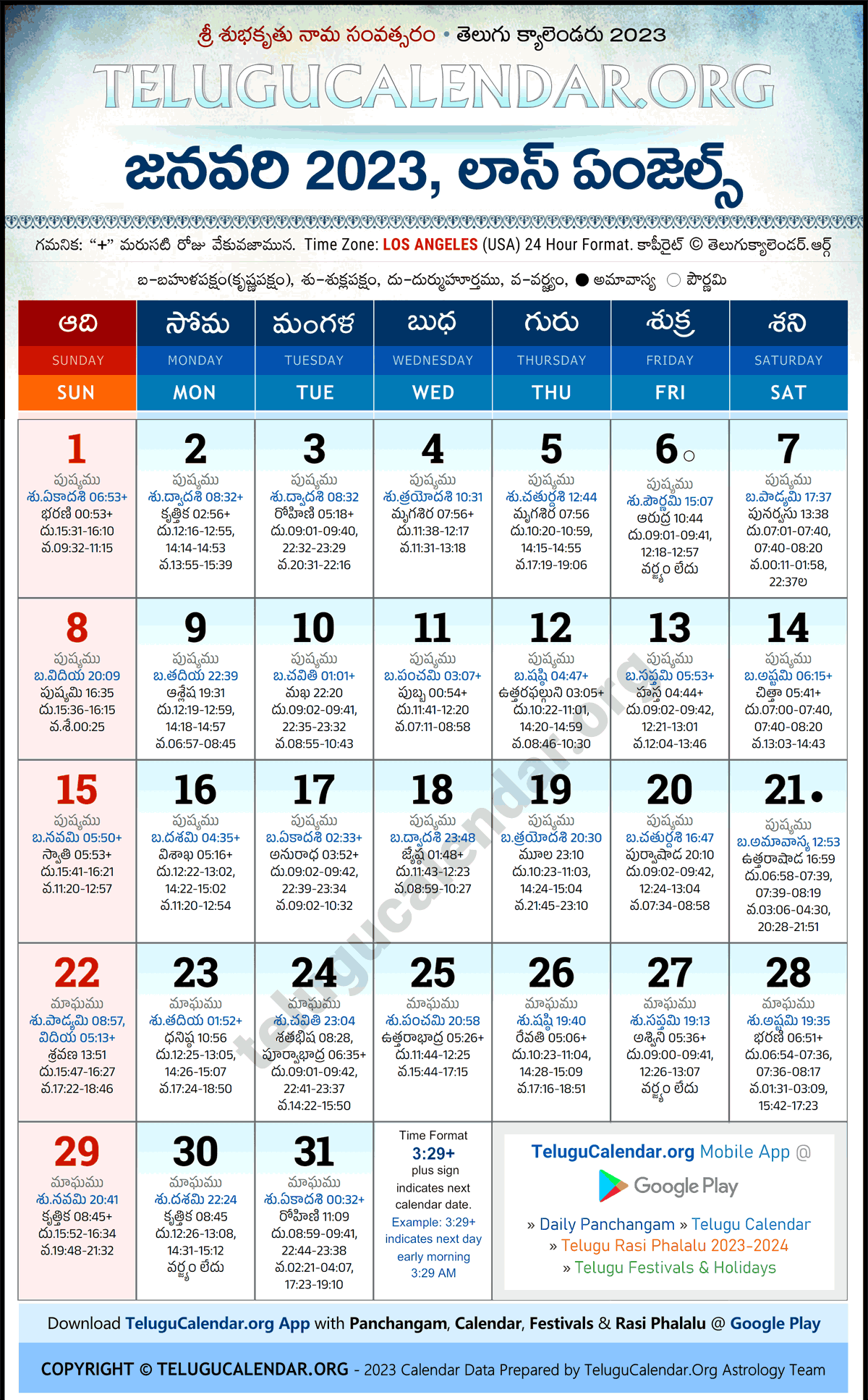 Telugu Calendar 2023 January Los Angeles in Telugu