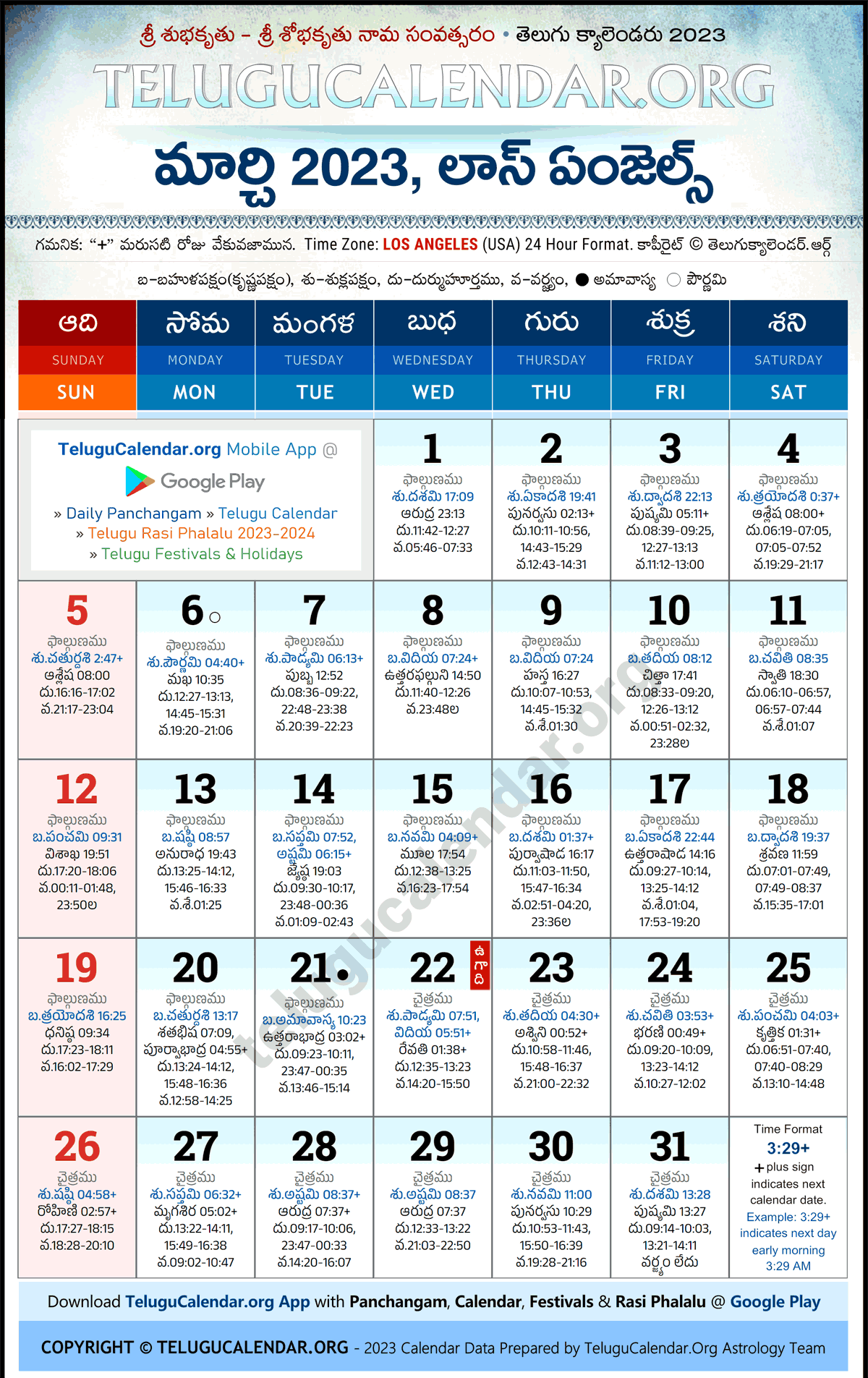 Telugu Calendar 2023 March Los Angeles in Telugu