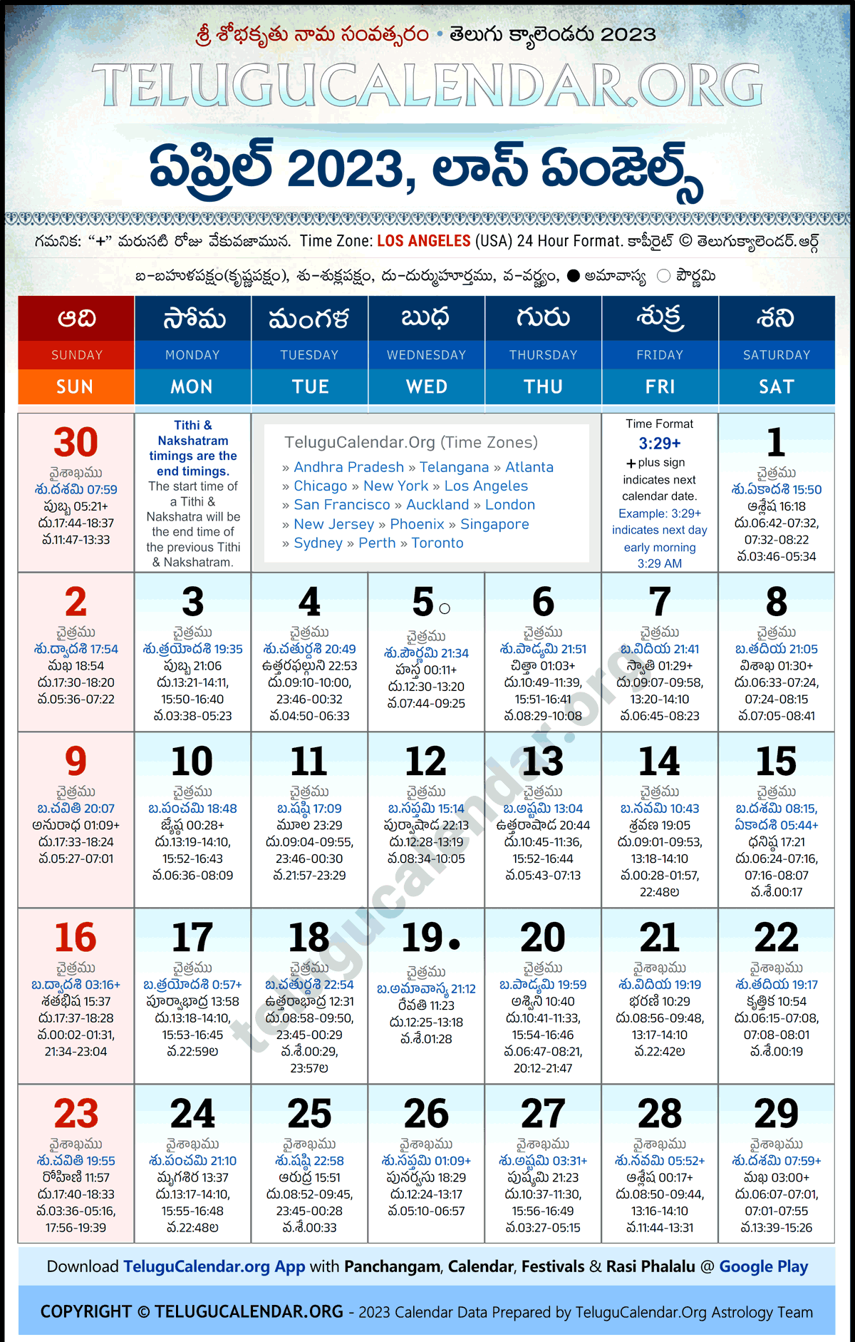 Telugu Calendar 2023 April Los Angeles in Telugu