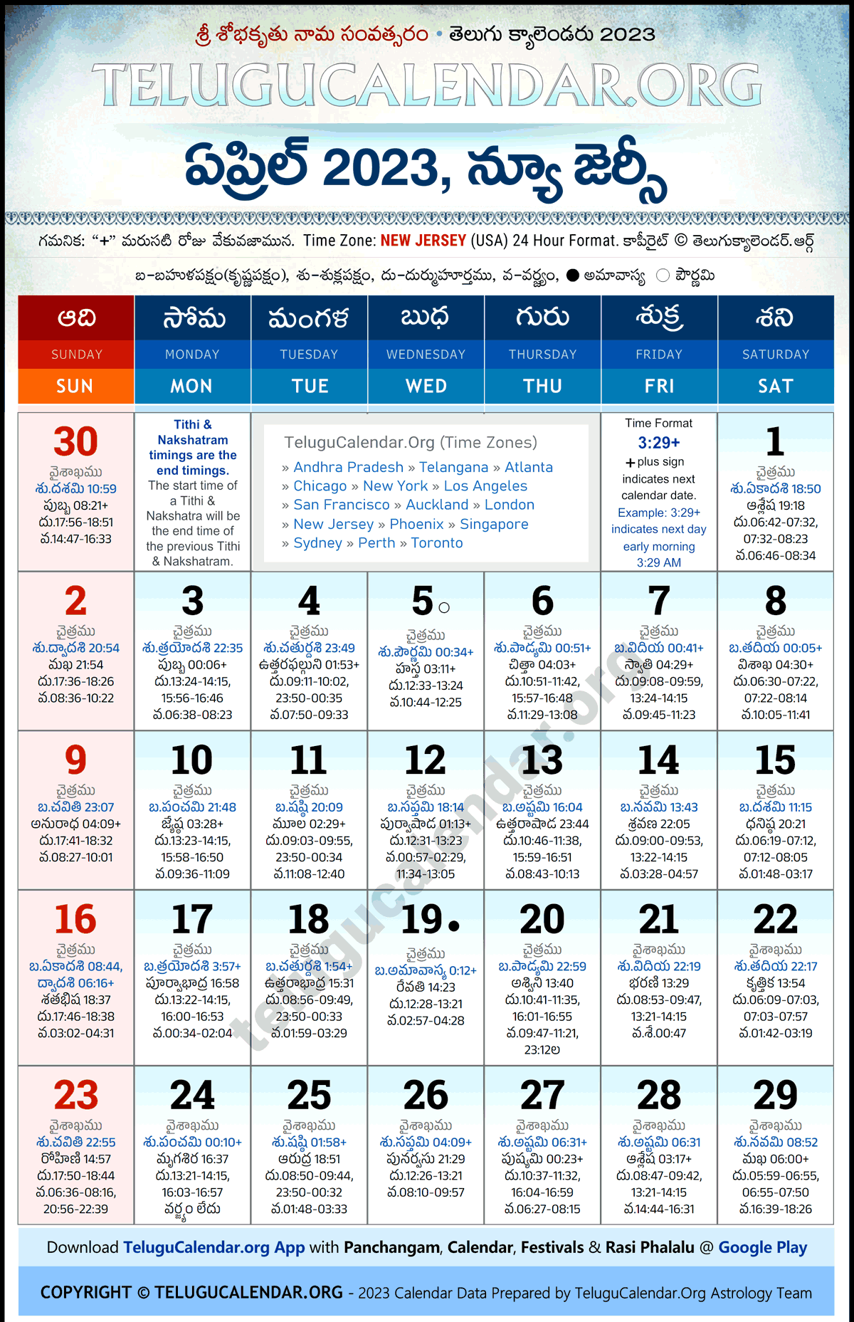 Telugu Calendar 2023 April New Jersey in Telugu