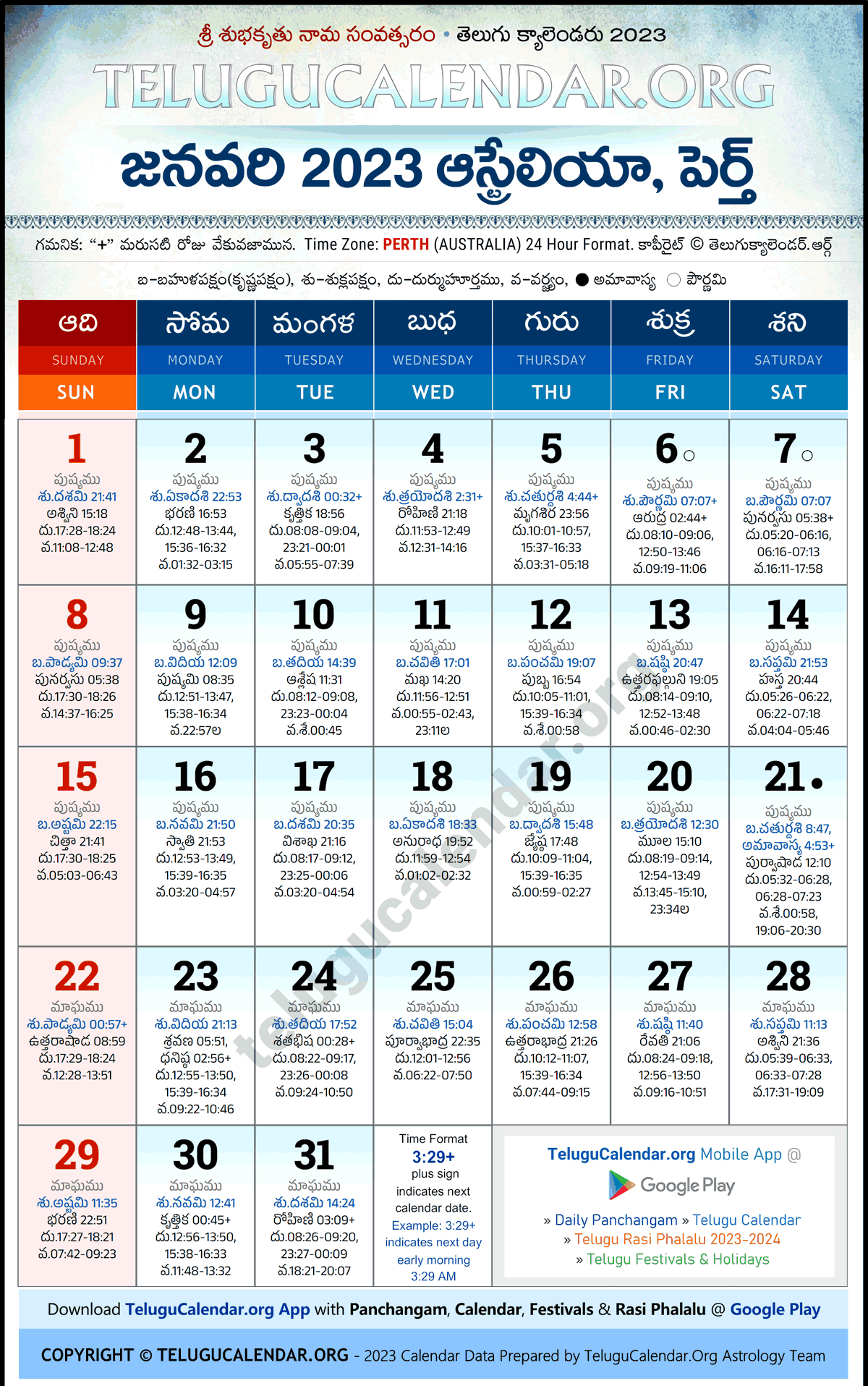 Telugu Calendar 2023 January Perth in Telugu