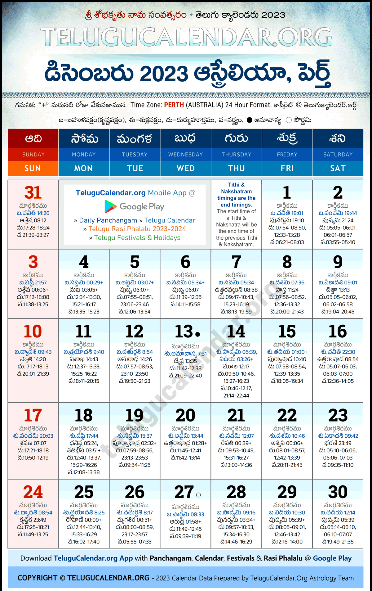 Telugu Calendar 2023 December Perth in Telugu