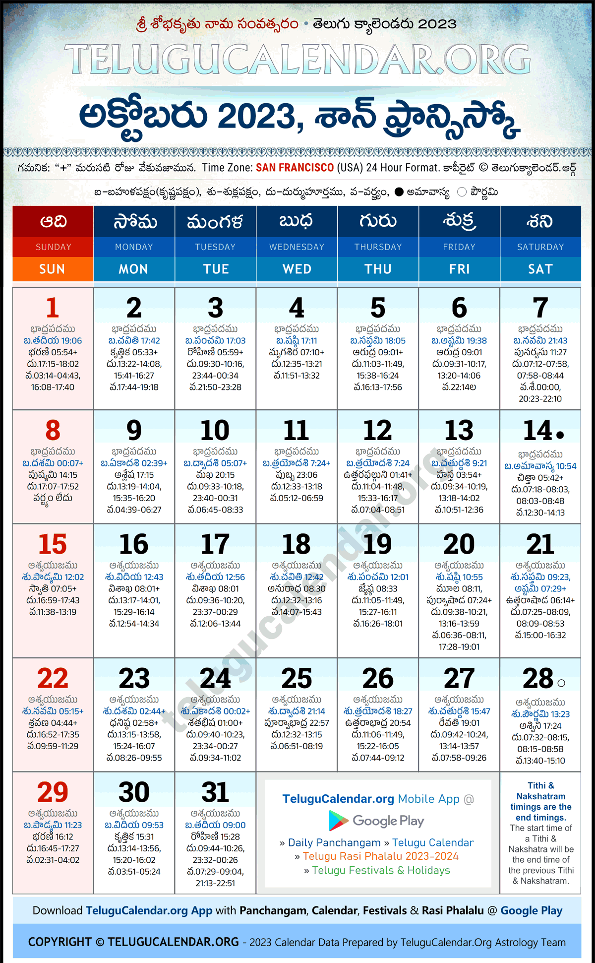 Telugu Calendar 2023 October San Francisco in Telugu