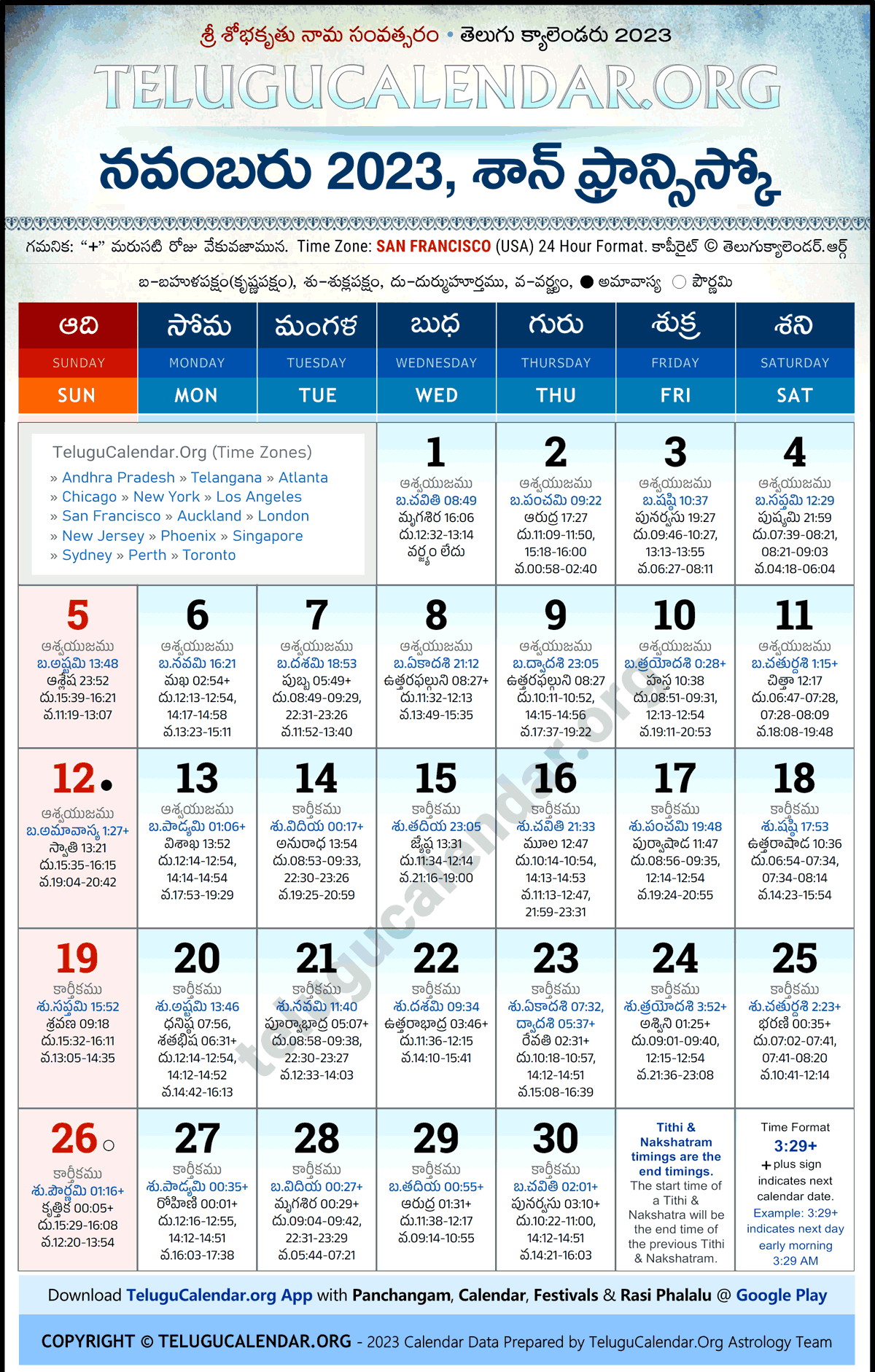 Telugu Calendar 2023 November San Francisco in Telugu