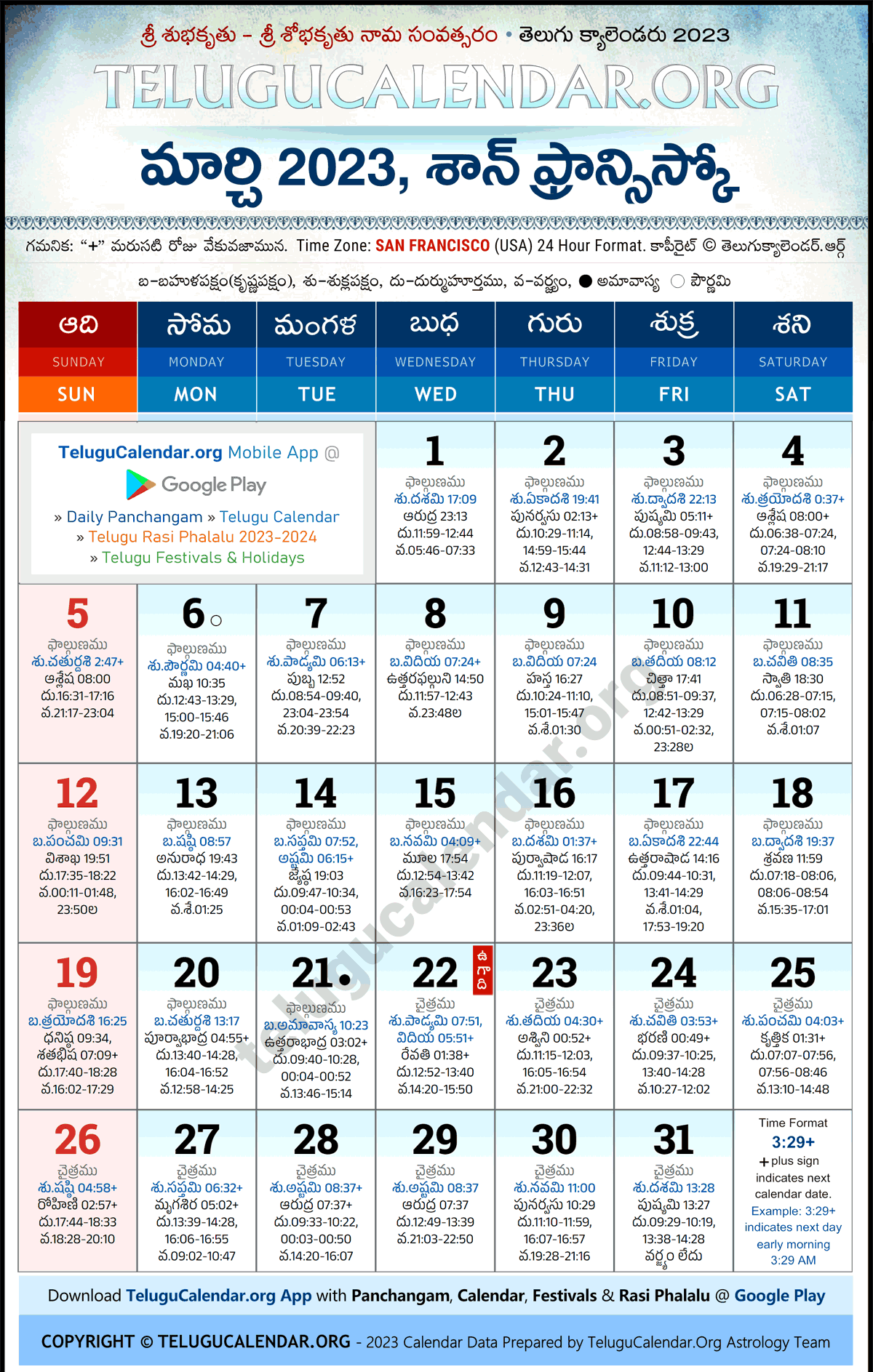 Telugu Calendar 2023 March San Francisco in Telugu