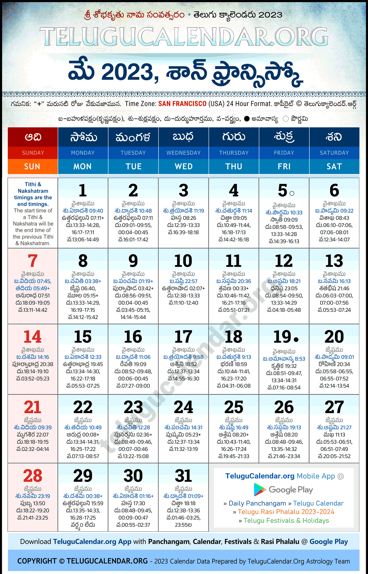 Telugu Calendar 2023 May San Francisco in Telugu
