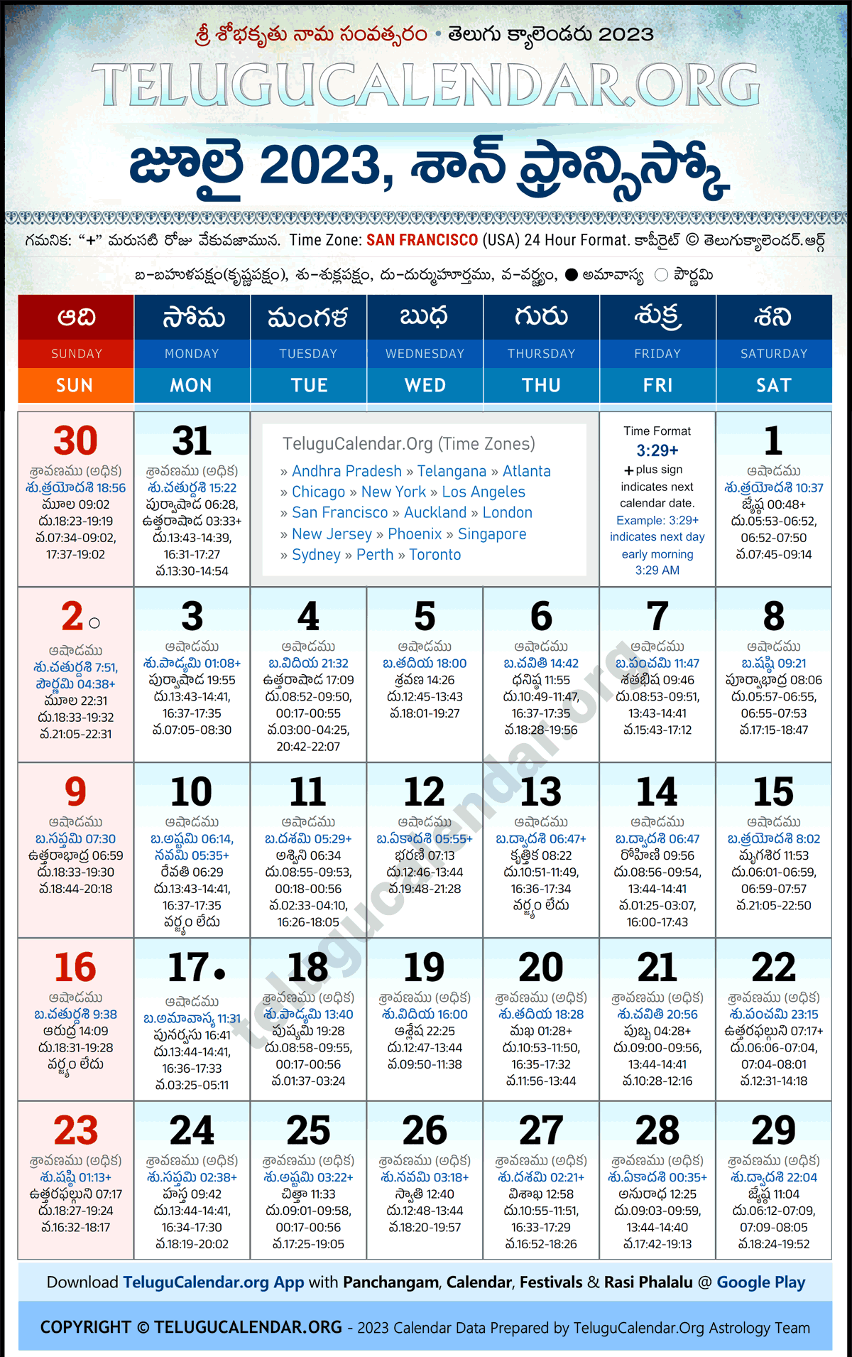 Telugu Calendar 2023 July San Francisco in Telugu