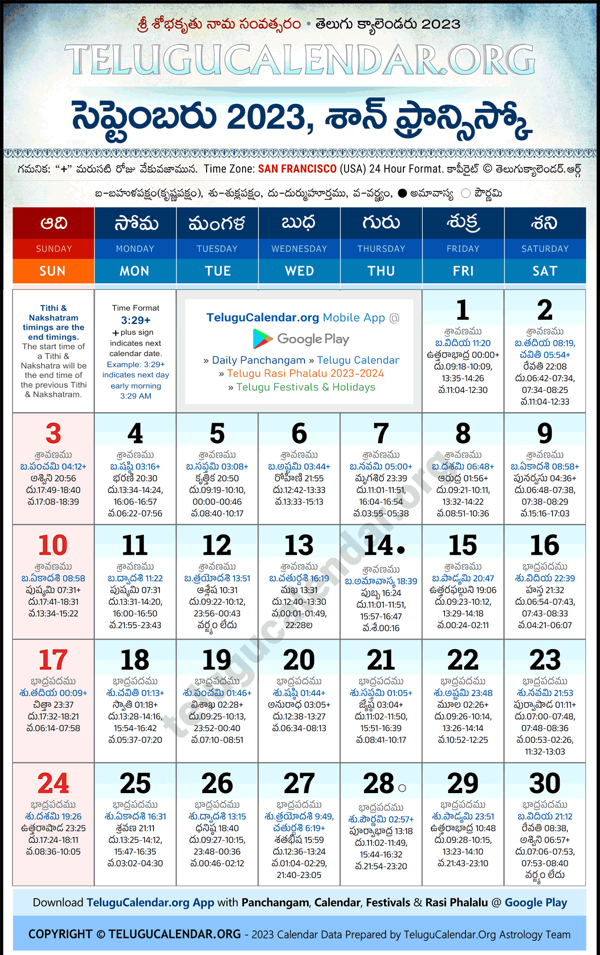 Telugu Calendar 2023 September San Francisco in Telugu