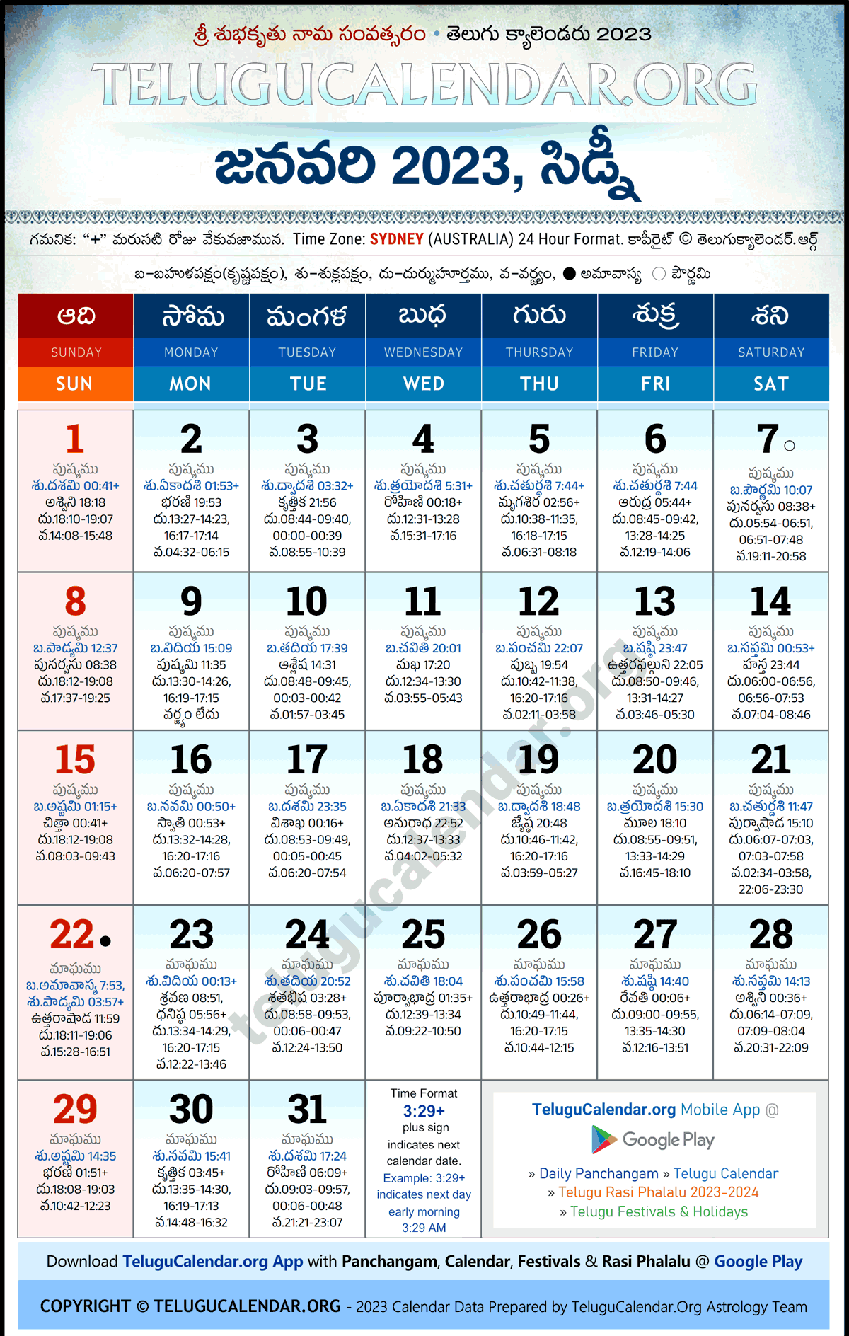 Telugu Calendar 2023 January Sydney in Telugu