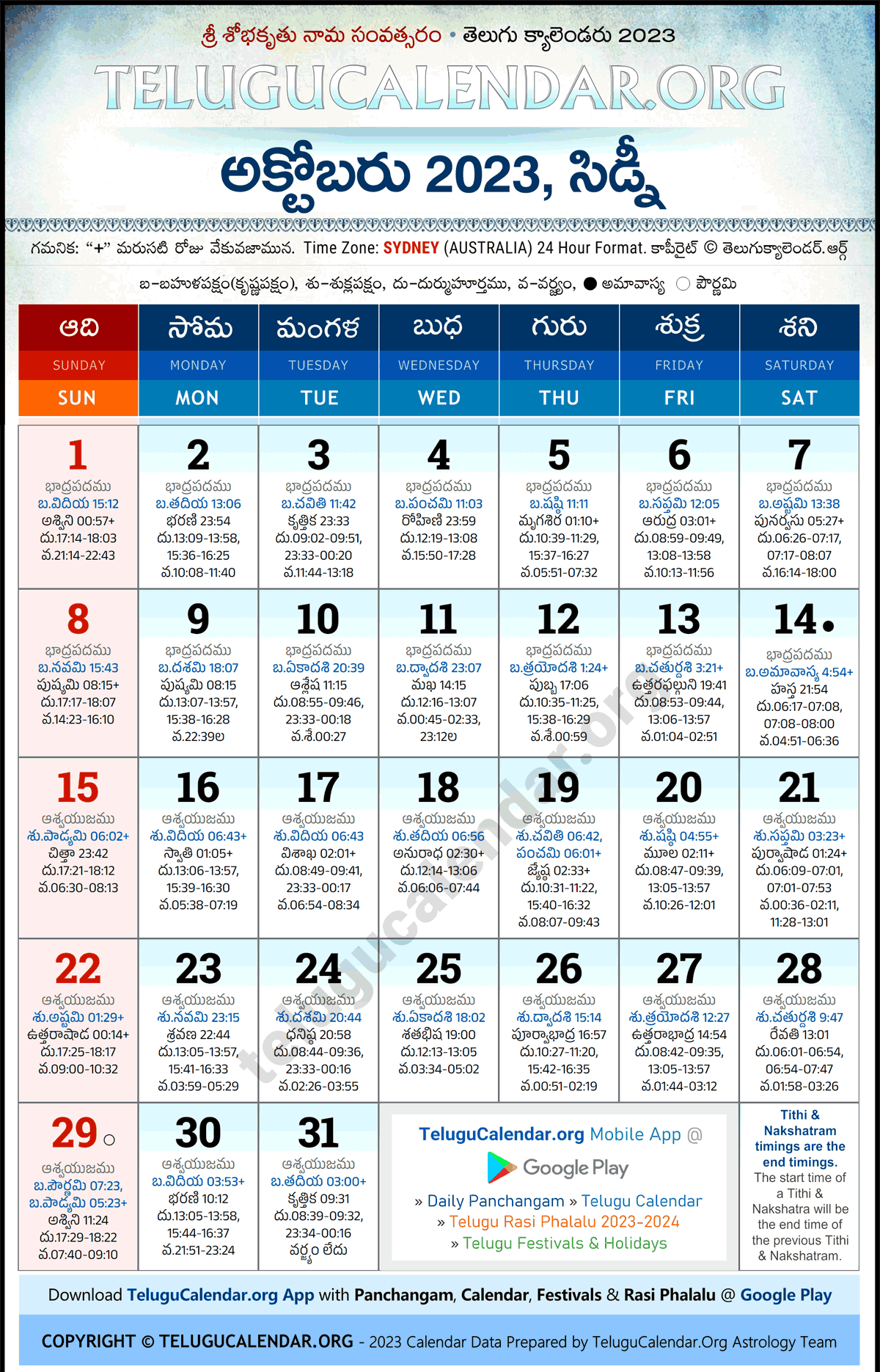 Telugu Calendar 2023 October Sydney in Telugu