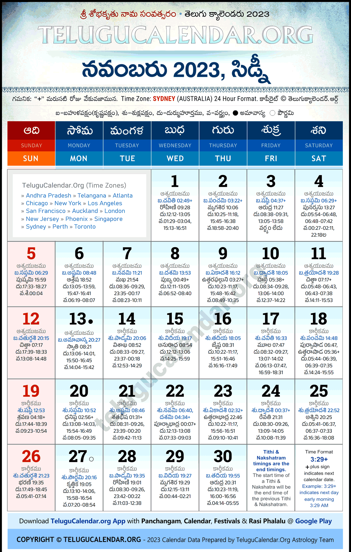 Telugu Calendar 2023 November Sydney in Telugu