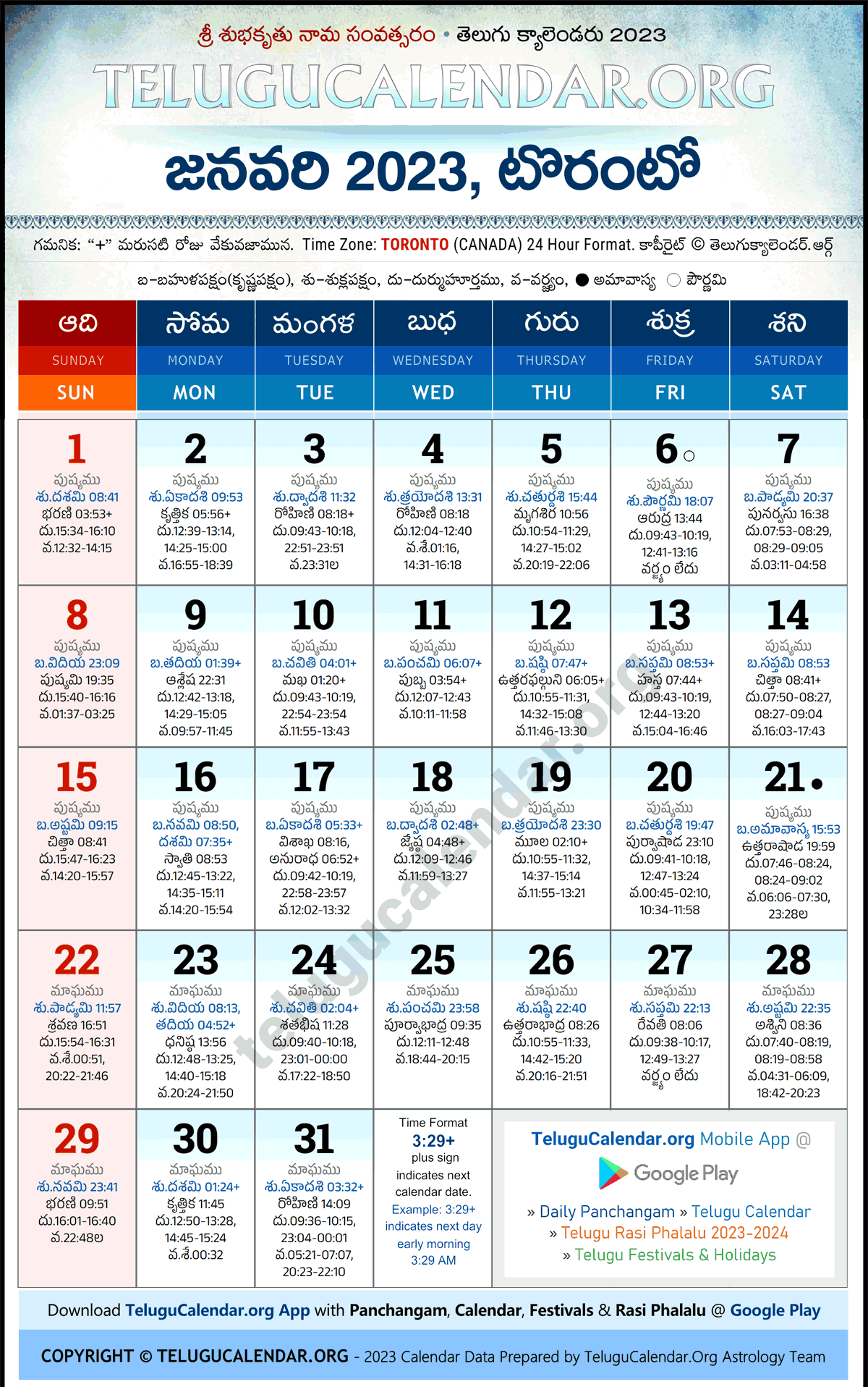 Telugu Calendar 2023 January Toronto in Telugu