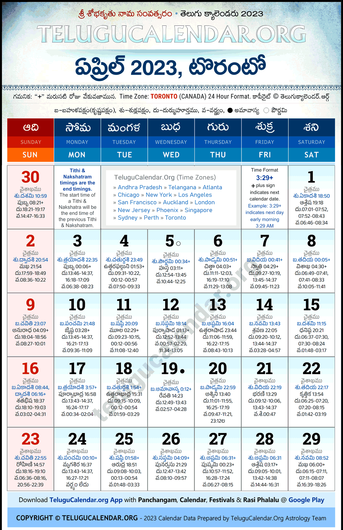 Telugu Calendar 2023 April Toronto in Telugu