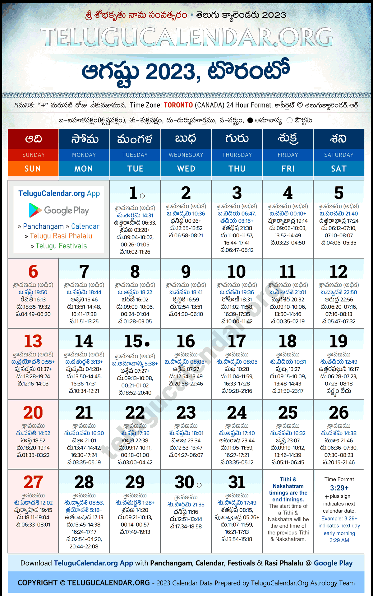 Telugu Calendar 2023 August Toronto in Telugu