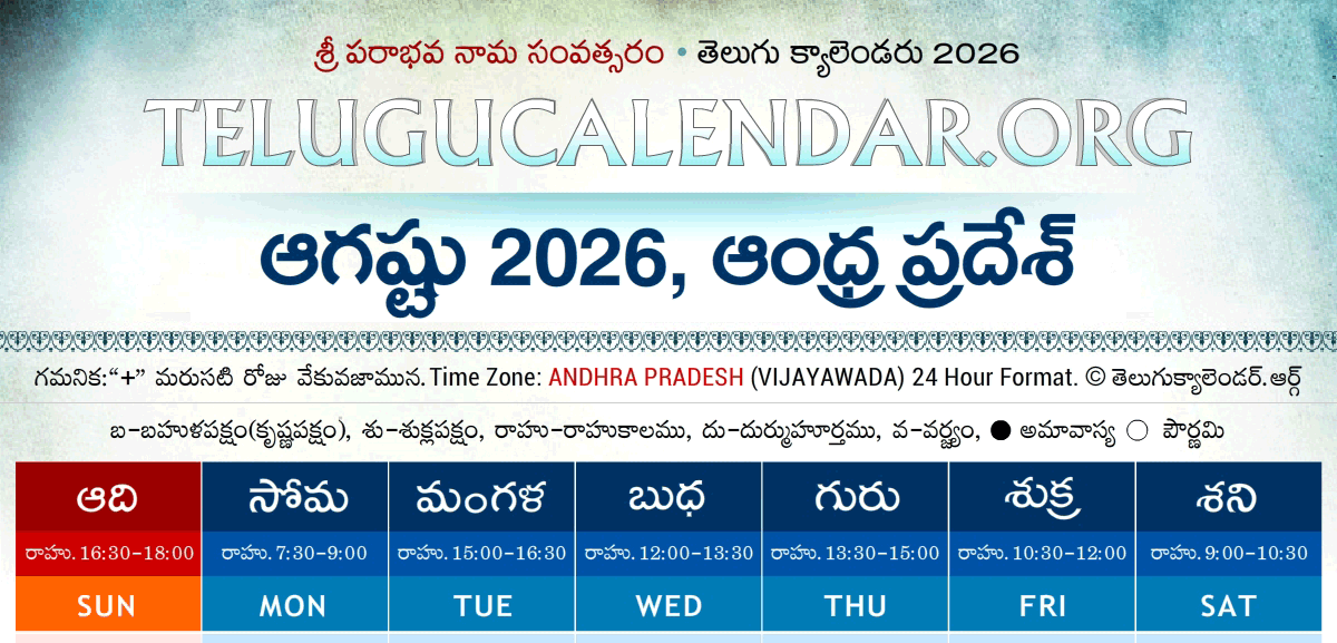 Telugu Calendar 2026 August