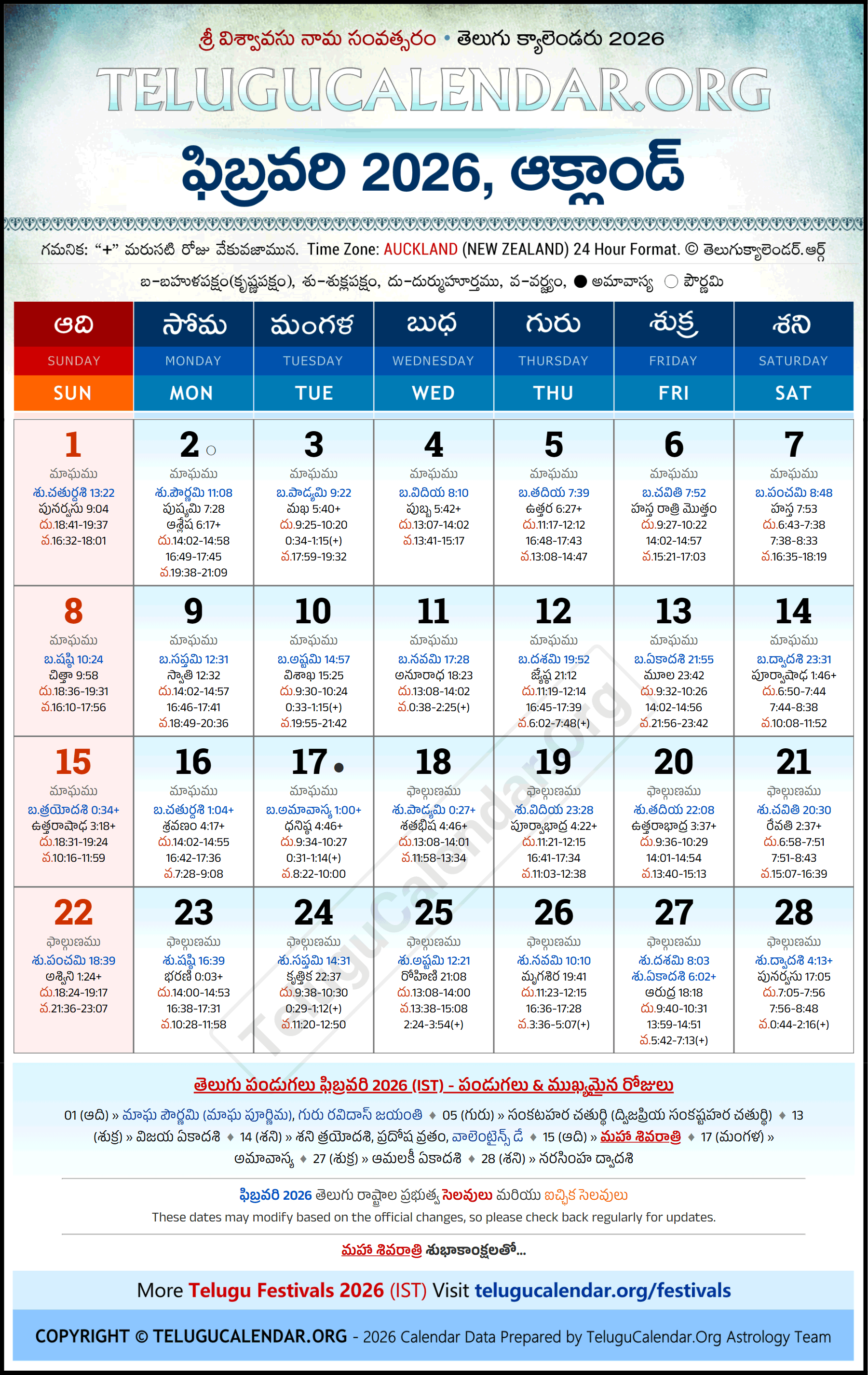 Auckland Telugu Calendar 2026 January