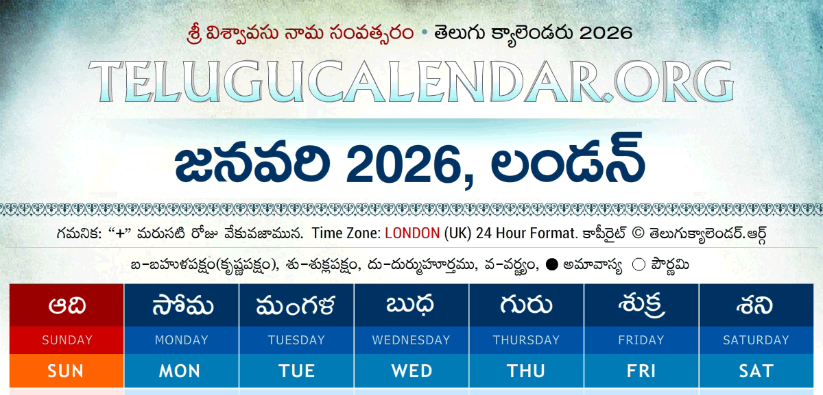 London Telugu Calendar 2026 January