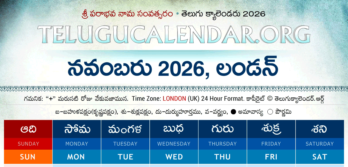 London Telugu Calendar 2026 November