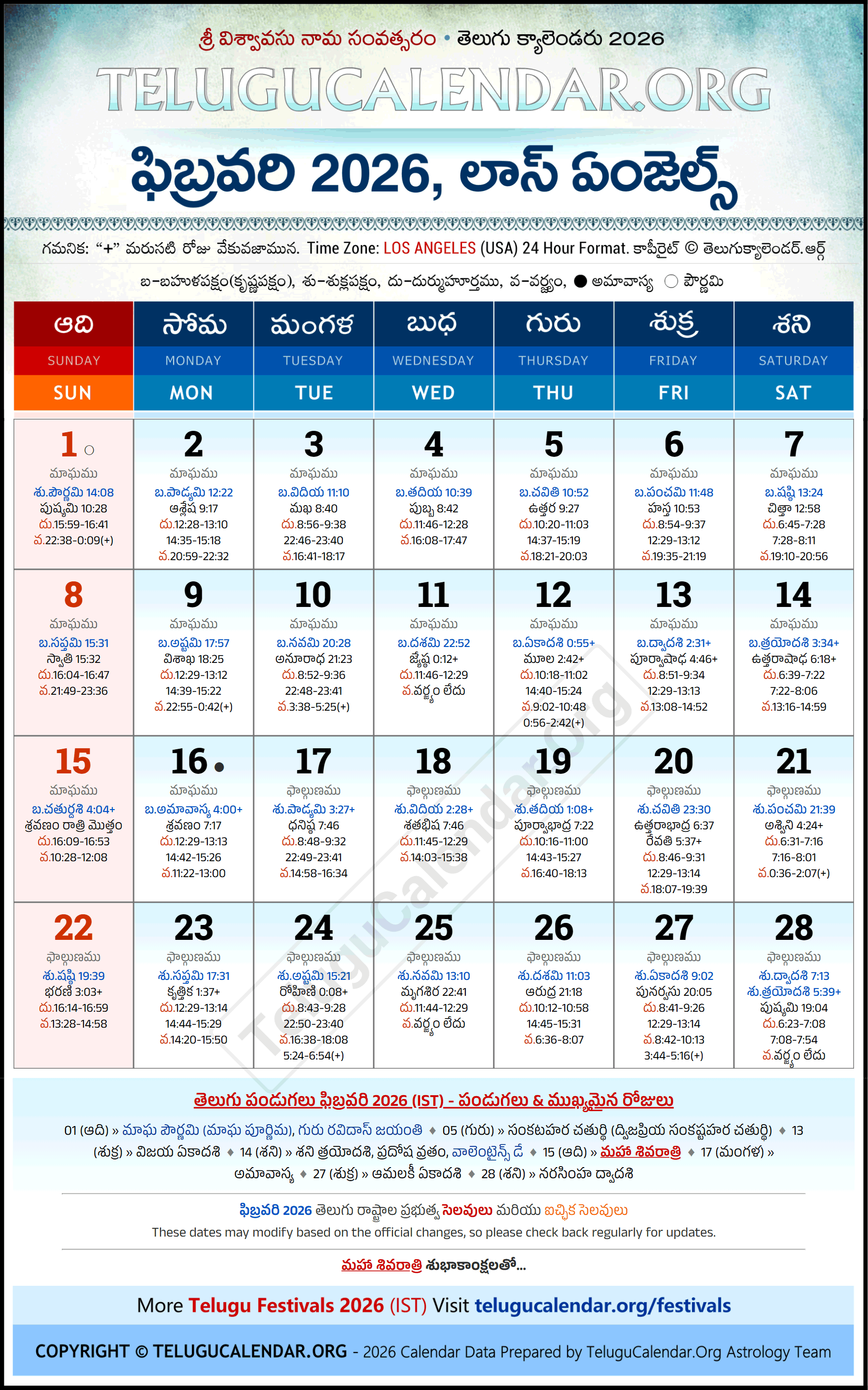 Los Angeles Telugu Calendar 2026 January
