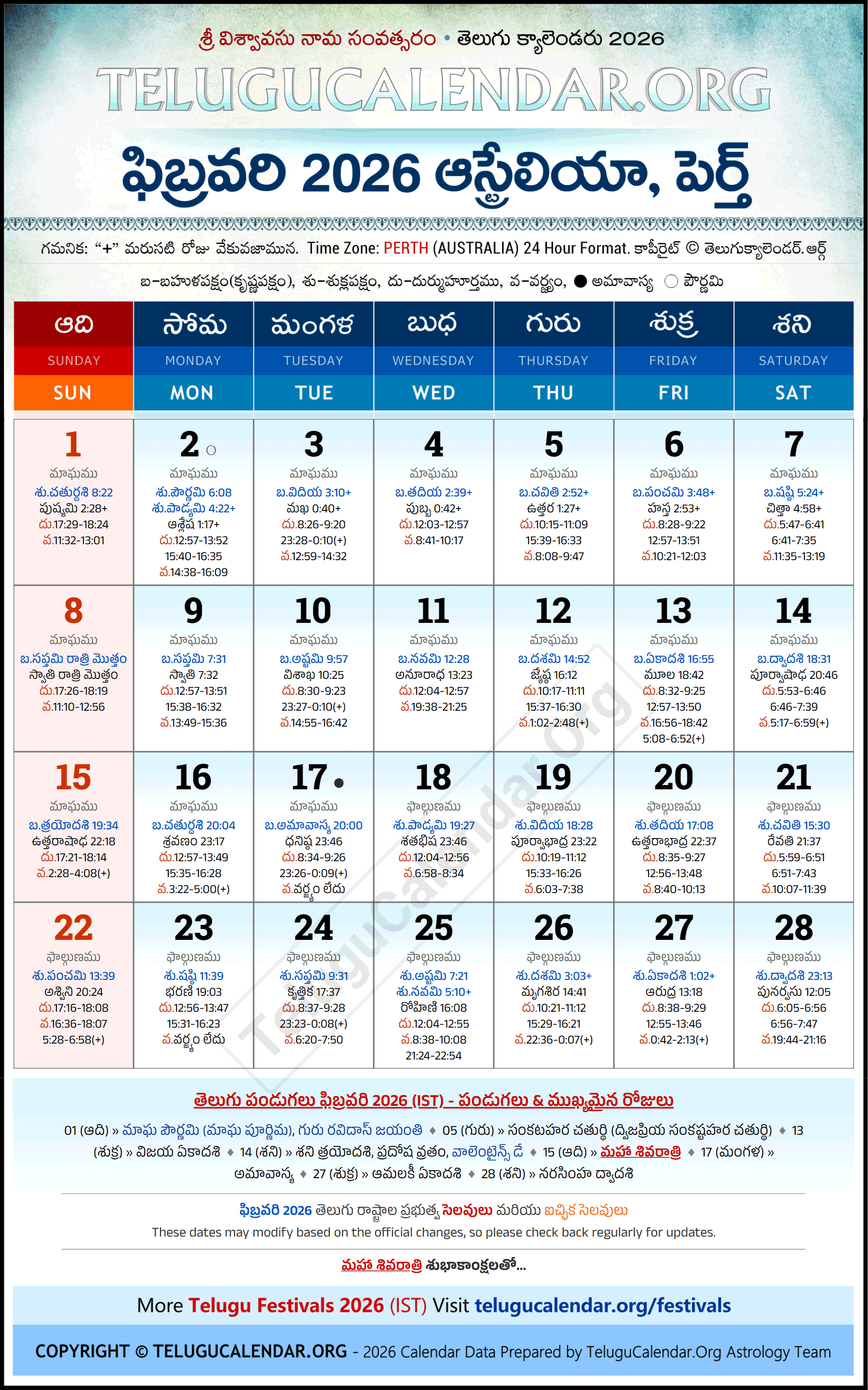 Perth Telugu Calendar 2026 January