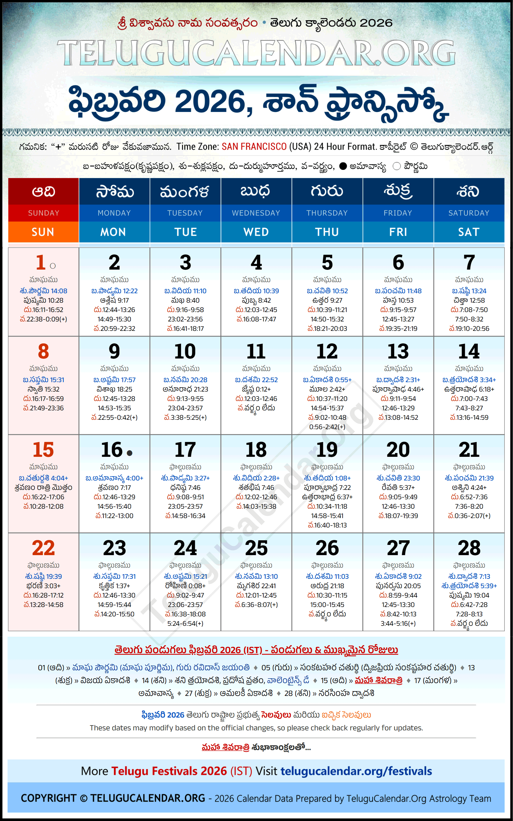 San Francisco Telugu Calendar 2026 January